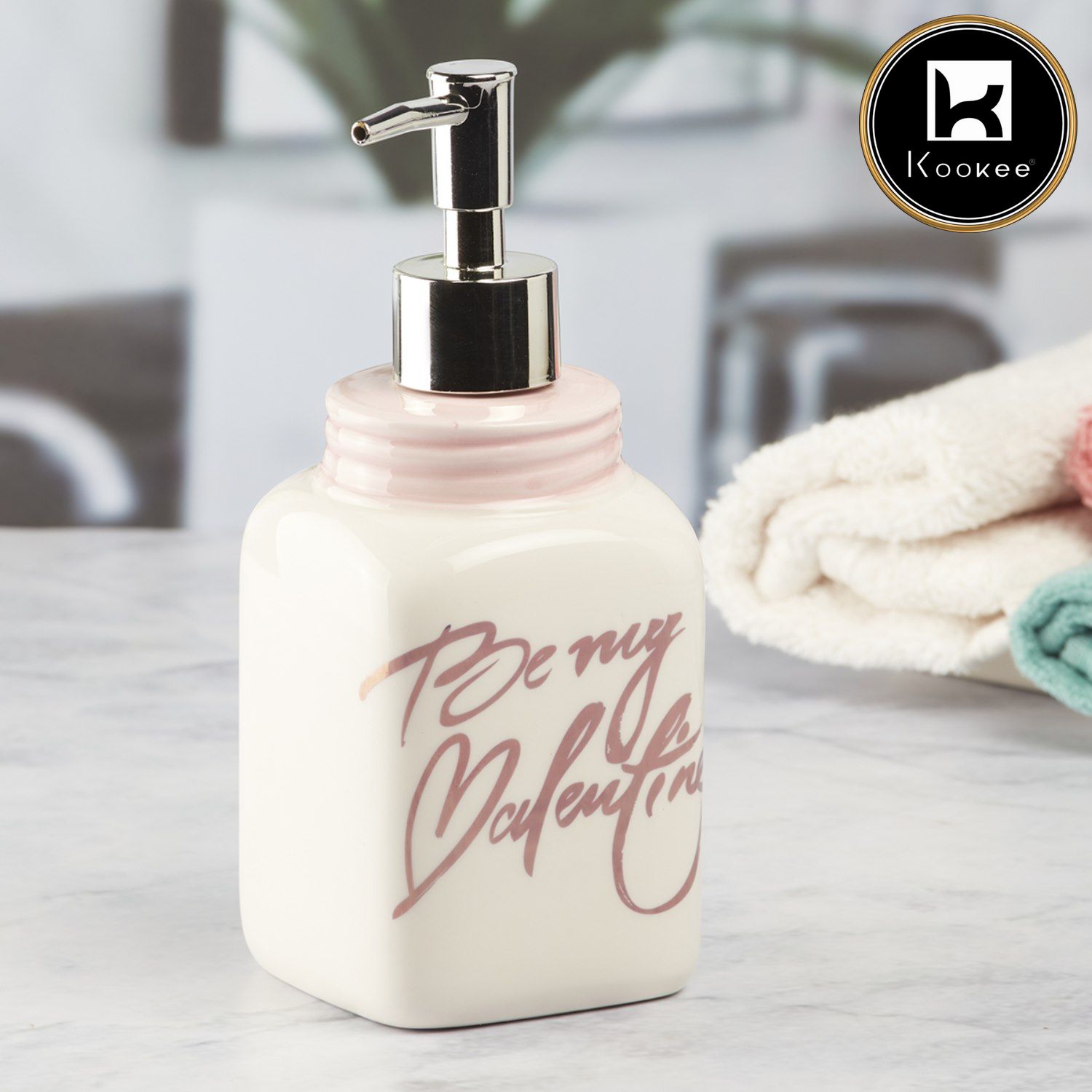 Ceramic Soap Dispenser for handwash for Bathroom, White/Pink, (Set of 1) (9648)