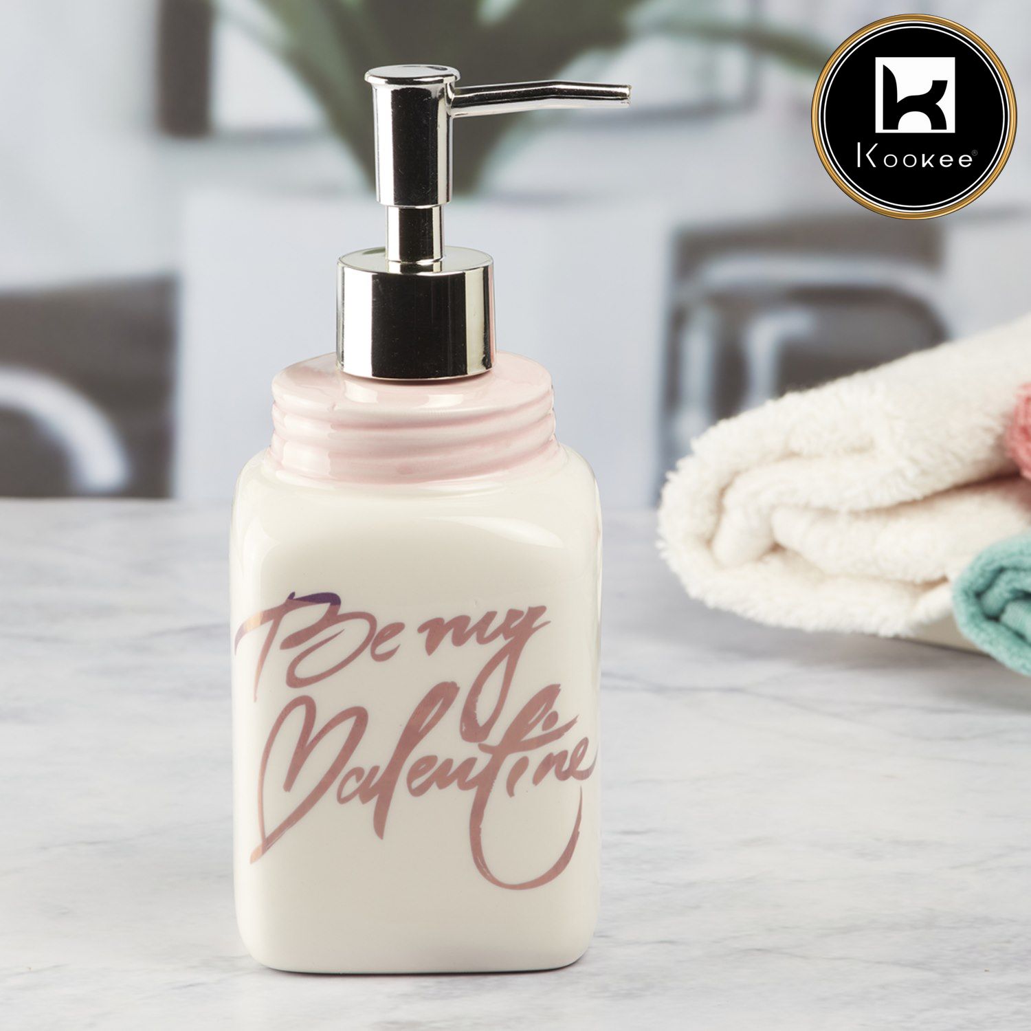 Ceramic Soap Dispenser for handwash for Bathroom, White/Pink, (Set of 1) (9648)