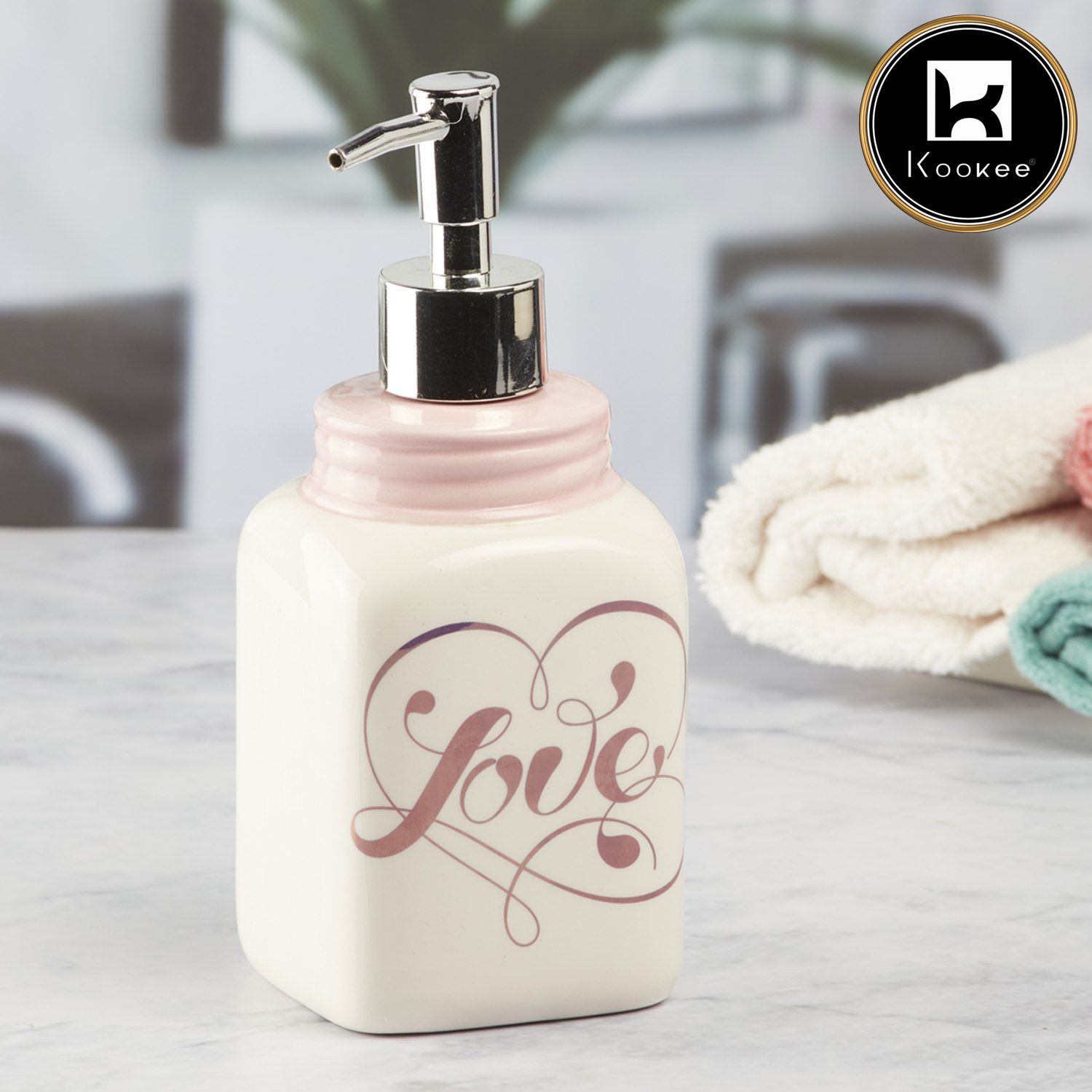 Ceramic Soap Dispenser for handwash for Bathroom, White/Pink, (Set of 1) (9651)