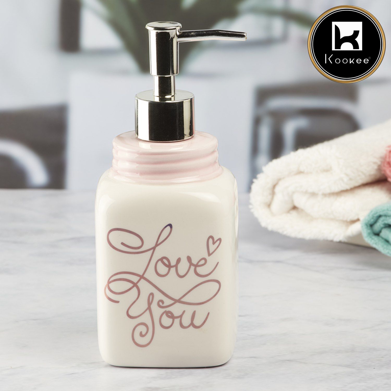 Ceramic Soap Dispenser for handwash for Bathroom, White/Pink, (Set of 1) (9652)