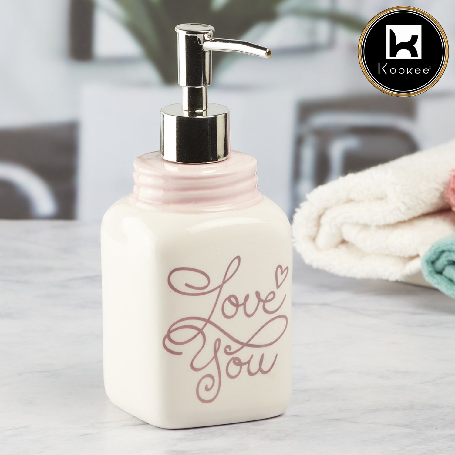 Kookee Ceramic Soap Dispenser with Stylish Refillable Pump Bottle for Bathroom Handwash & Kitchen Wash Basin, Perfect for Hand Soap, Lotion, and more, White/Pink ,