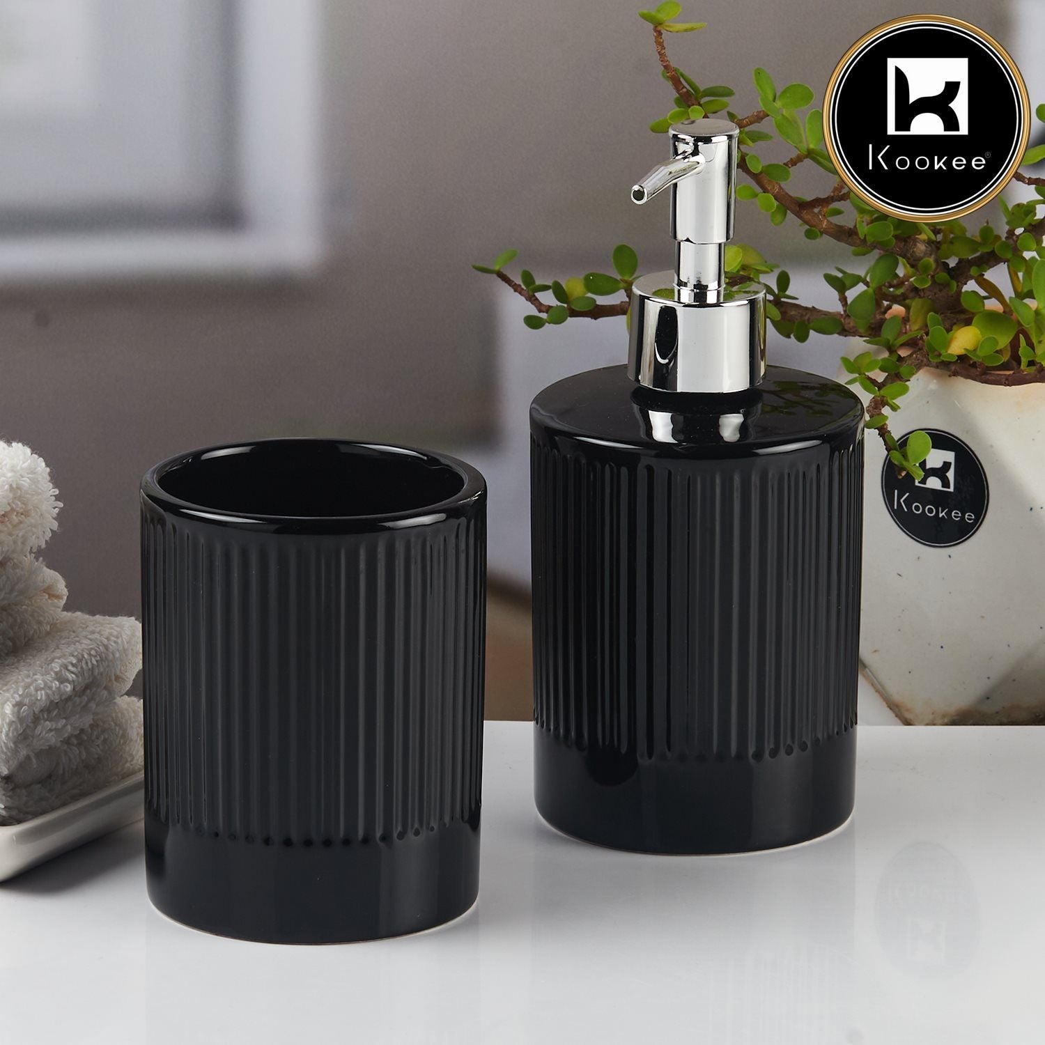 Kookee Ceramic Bathroom Accessories Set of 2, Modern Bath Set with Liquid handwash Soap Dispenser and Toothbrush holder, Luxury Gift Accessory for Home, Black