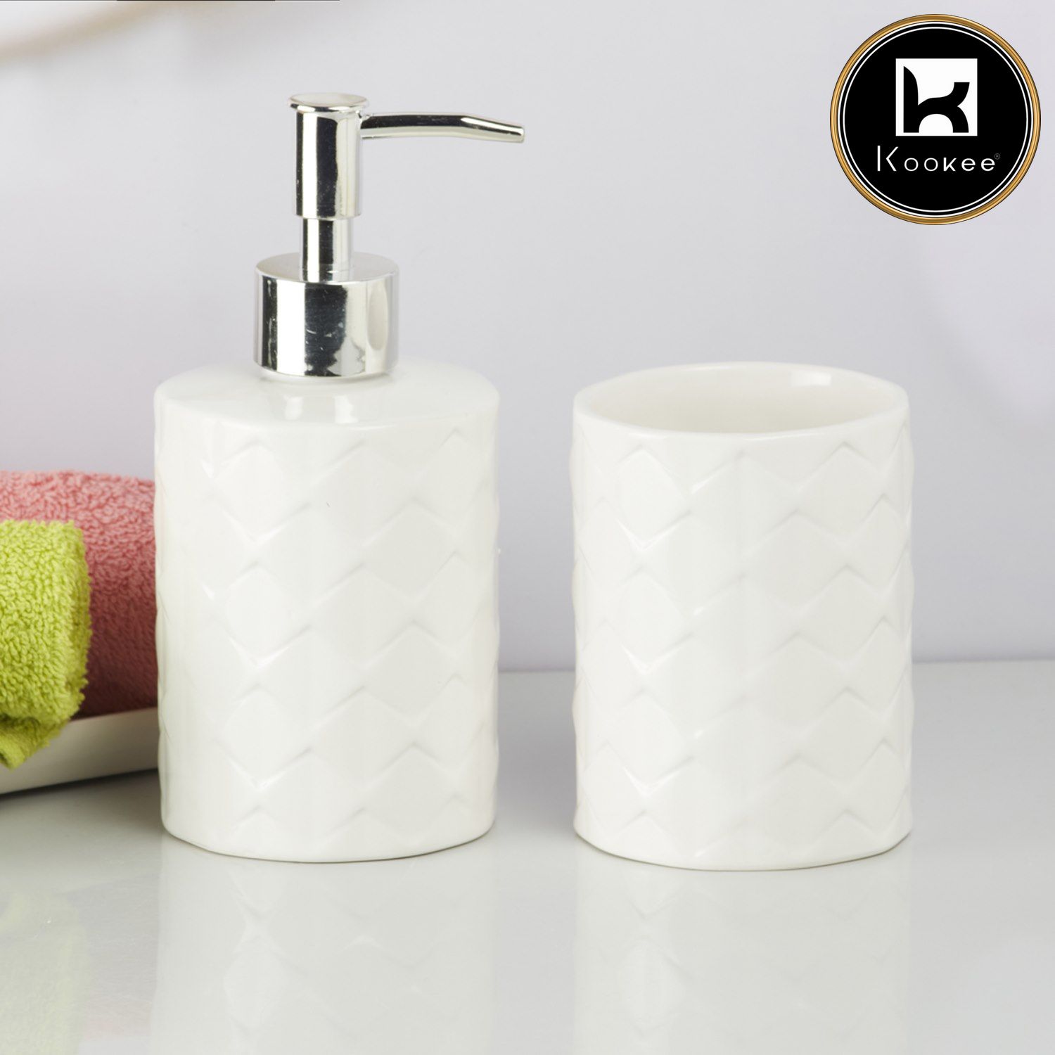 Kookee Ceramic Bathroom Accessories Set of 2, Modern Bath Set with Liquid handwash Soap Dispenser and Toothbrush holder, Luxury Gift Accessory for Home, White