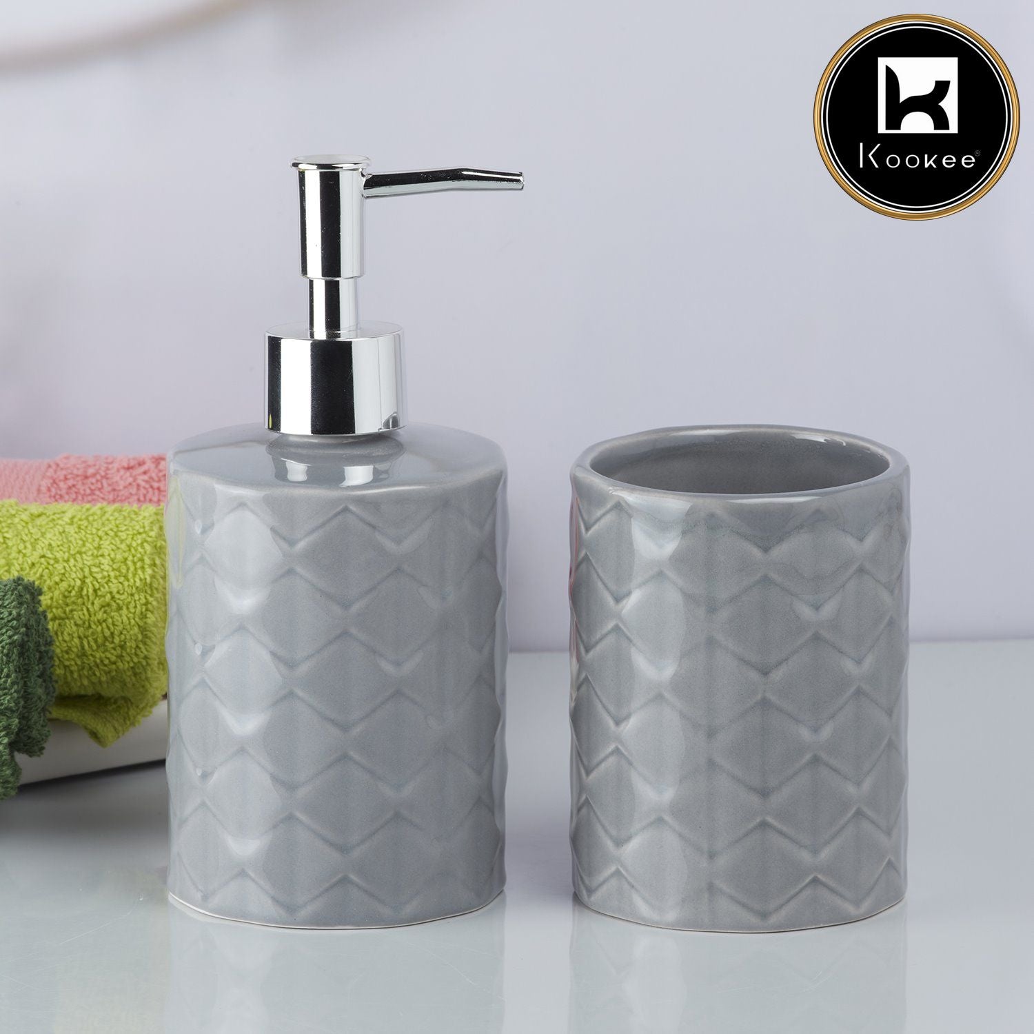 Kookee Ceramic Bathroom Accessories Set of 2, Modern Bath Set with Liquid handwash Soap Dispenser and Toothbrush holder, Luxury Gift Accessory for Home, Grey