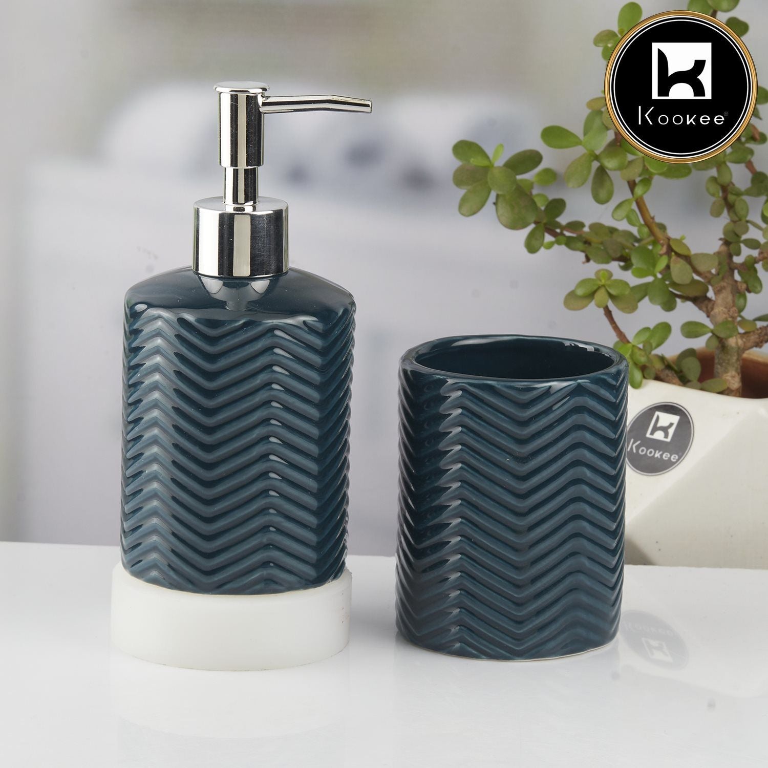 Kookee Ceramic Bathroom Accessories Set of 2, Modern Bath Set with Liquid handwash Soap Dispenser and Toothbrush holder, Luxury Gift Accessory for Home, Blue