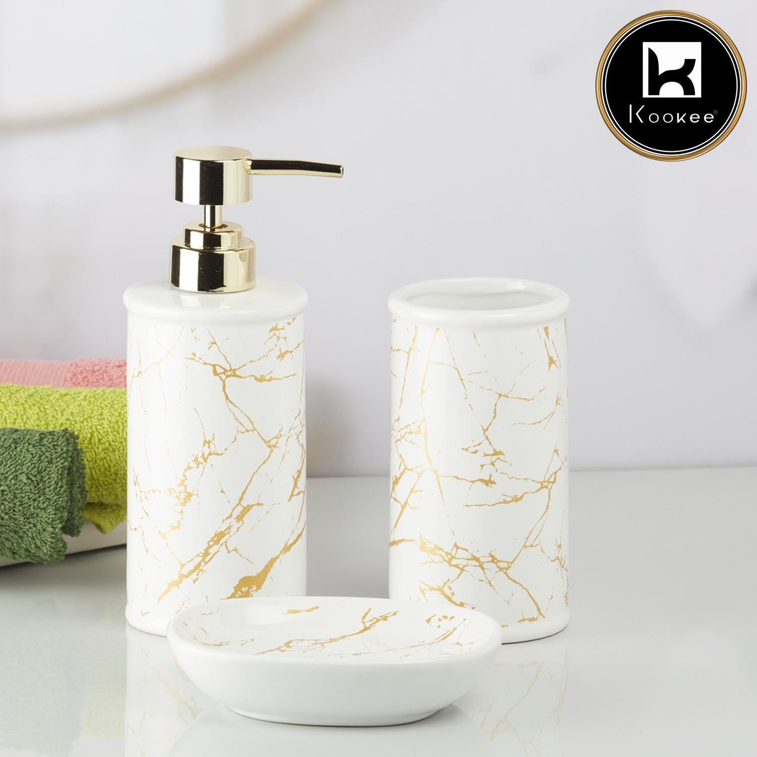 Kookee Ceramic Bathroom Accessories Set of 3, Modern Bath Set with Liquid handwash Soap Dispenser and Toothbrush holder, Luxury Gift Accessory for Home, White/Gold