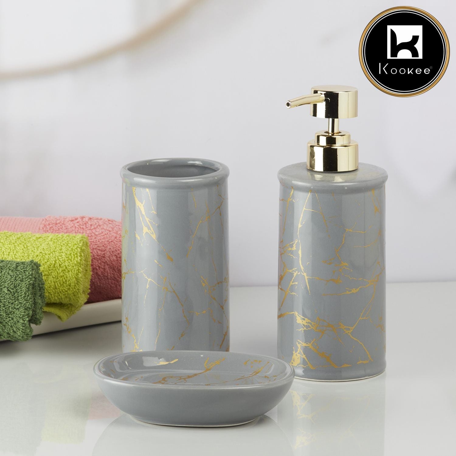 Ceramic Bathroom Accessories Set of 3 with Soap Dispenser (9730)