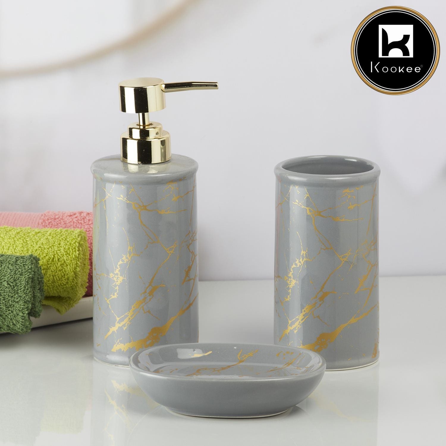 Kookee Ceramic Bathroom Accessories Set of 3, Modern Bath Set with Liquid handwash Soap Dispenser and Toothbrush holder, Luxury Gift Accessory for Home, Grey/Gold