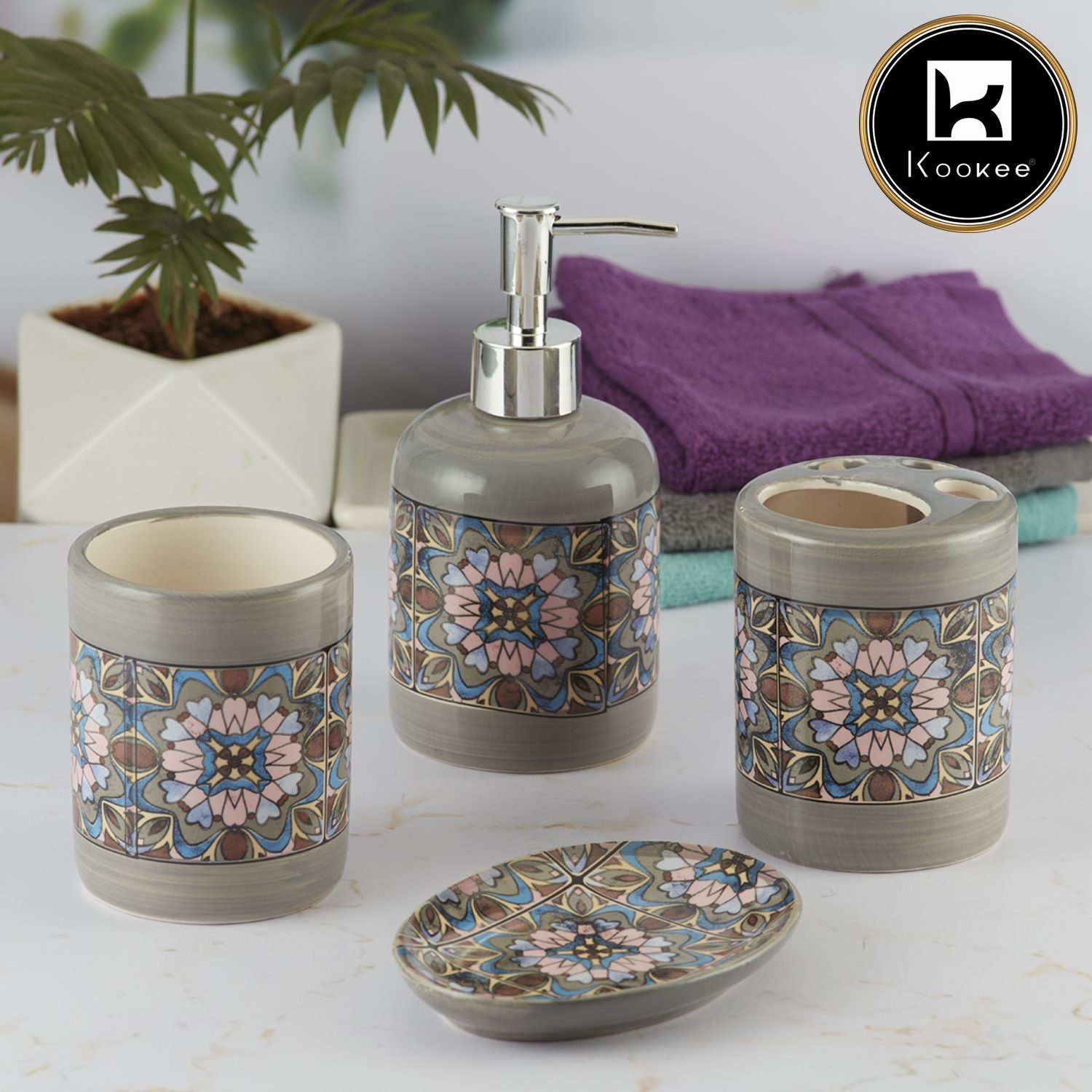 Ceramic Bathroom Set of 4 with Soap Dispenser (V-CBS-075-1)