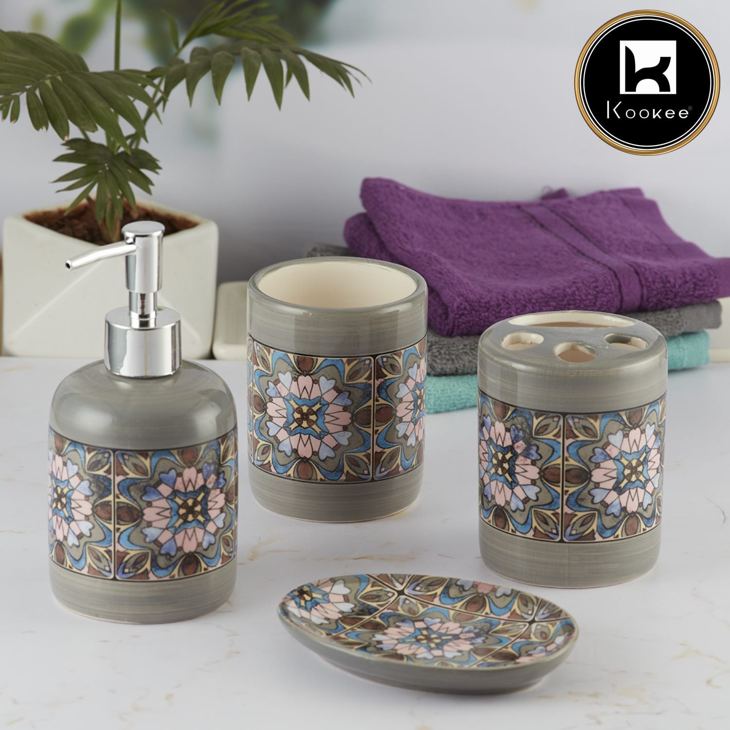 Ceramic Bathroom Set of 4 with Soap Dispenser (9732)