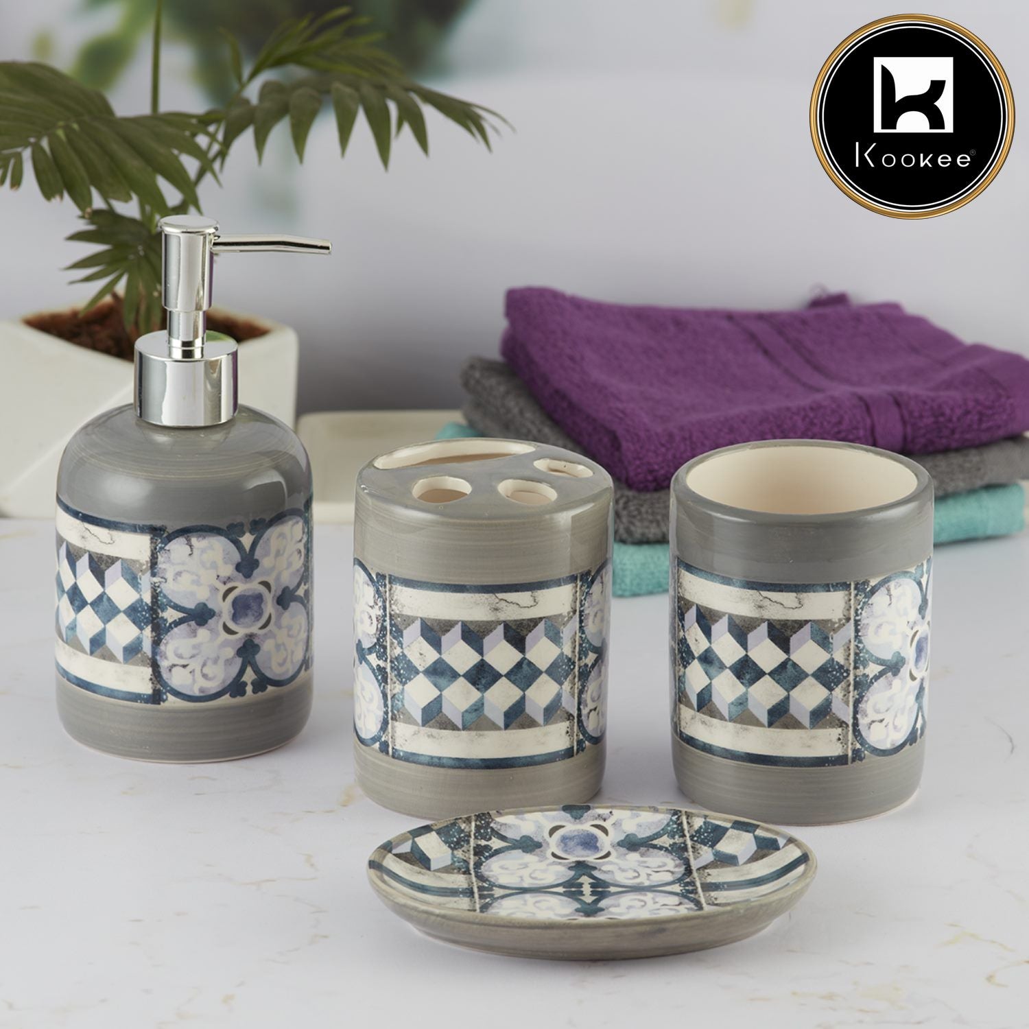 Ceramic Bathroom Set of 4 with Soap Dispenser (9734)