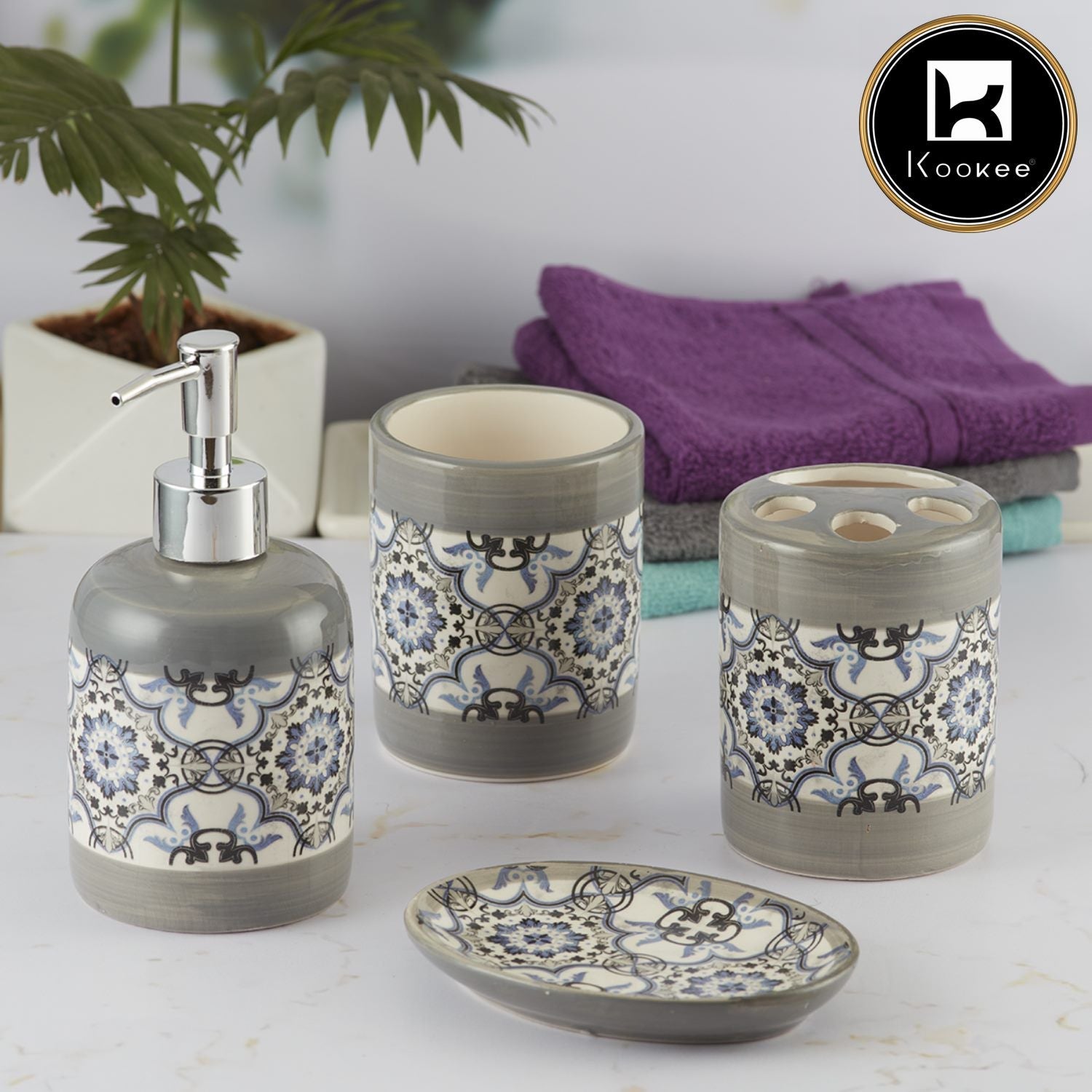 Ceramic Bathroom Set of 4 with Soap Dispenser (9735)