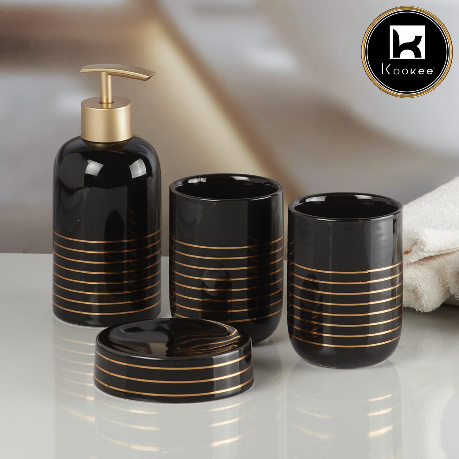 Kookee Ceramic Bathroom Accessories Set of 4, Modern Bath Set with Liquid handwash Soap Dispenser and Toothbrush holder, Luxury Gift Accessory for Home, Black/Gold