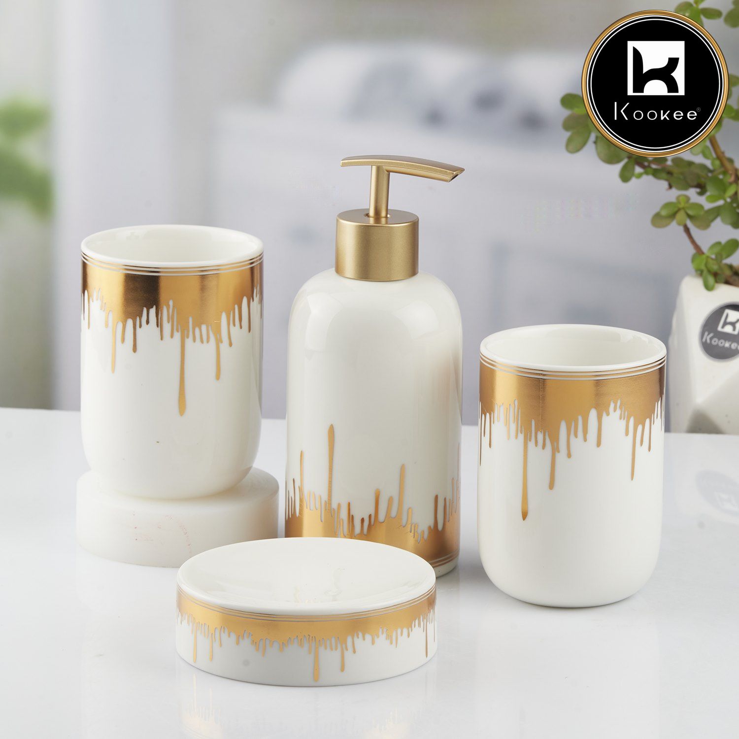 Ceramic Bathroom Set of 4 with Soap Dispenser (9738)