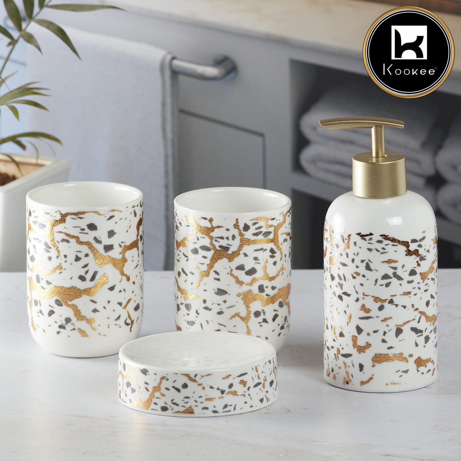 Ceramic Bathroom Accessories Set of 4 with Soap Dispenser (9740)