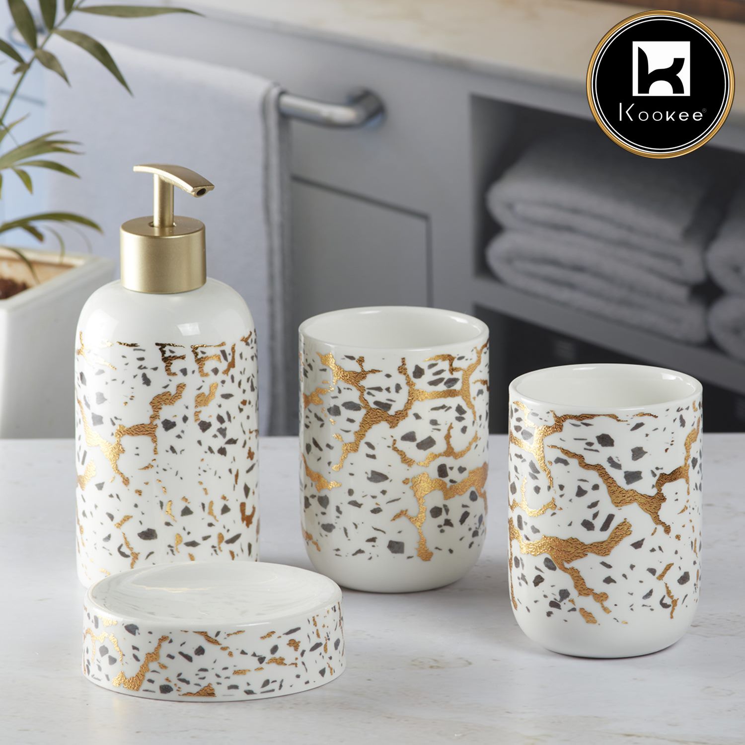 Kookee Ceramic Bathroom Accessories Set of 4, Modern Bath Set with Liquid handwash Soap Dispenser and Toothbrush holder, Luxury Gift Accessory for Home, White/Gold