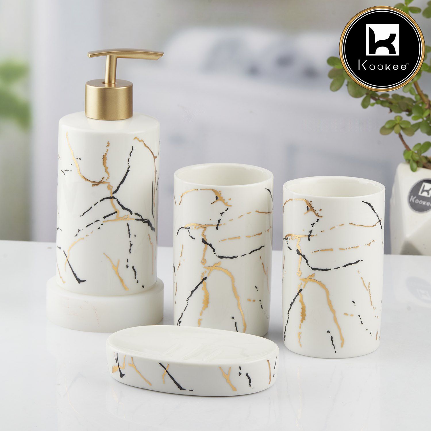 Kookee Ceramic Bathroom Accessories Set of 4, Modern Bath Set with Liquid handwash Soap Dispenser and Toothbrush holder, Luxury Gift Accessory for Home, White/Gold