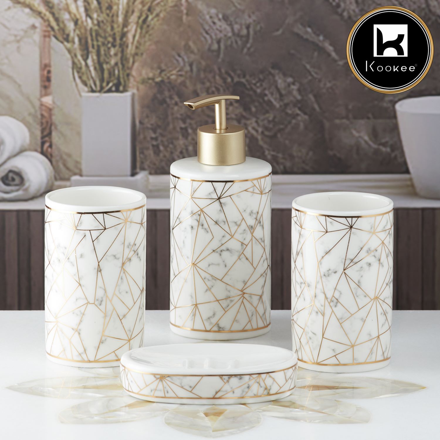 Ceramic Bathroom Accessories Set of 4 with Soap Dispenser (9743)