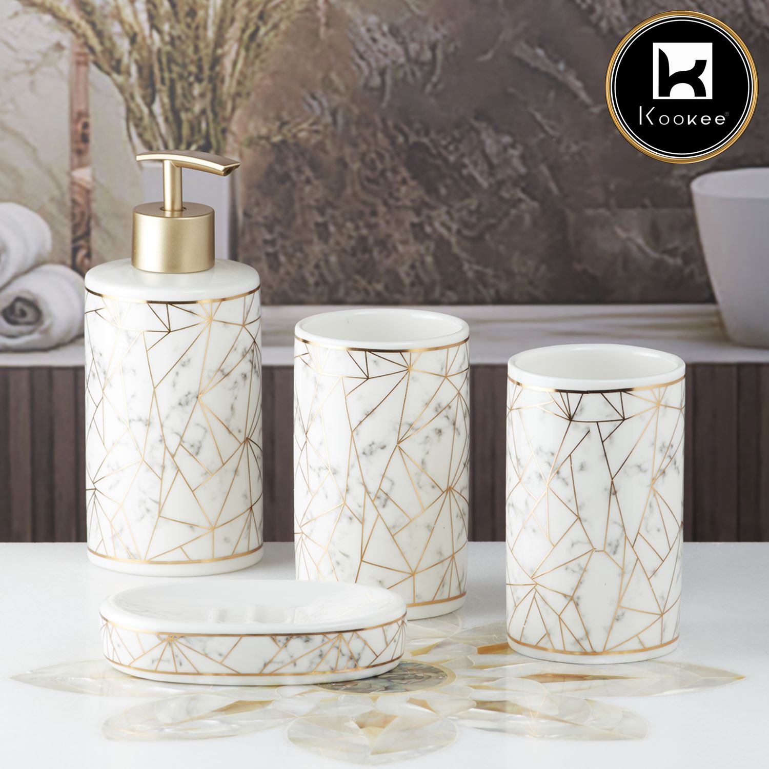 Kookee Ceramic Bathroom Accessories Set of 4, Modern Bath Set with Liquid handwash Soap Dispenser and Toothbrush holder, Luxury Gift Accessory for Home, White/Gold