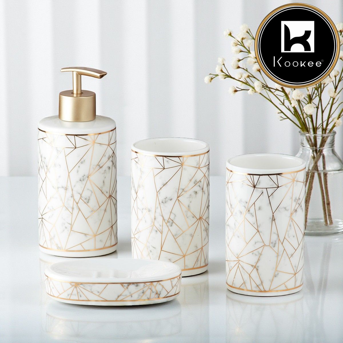Ceramic Bathroom Accessories Set of 4 with Soap Dispenser (9743)