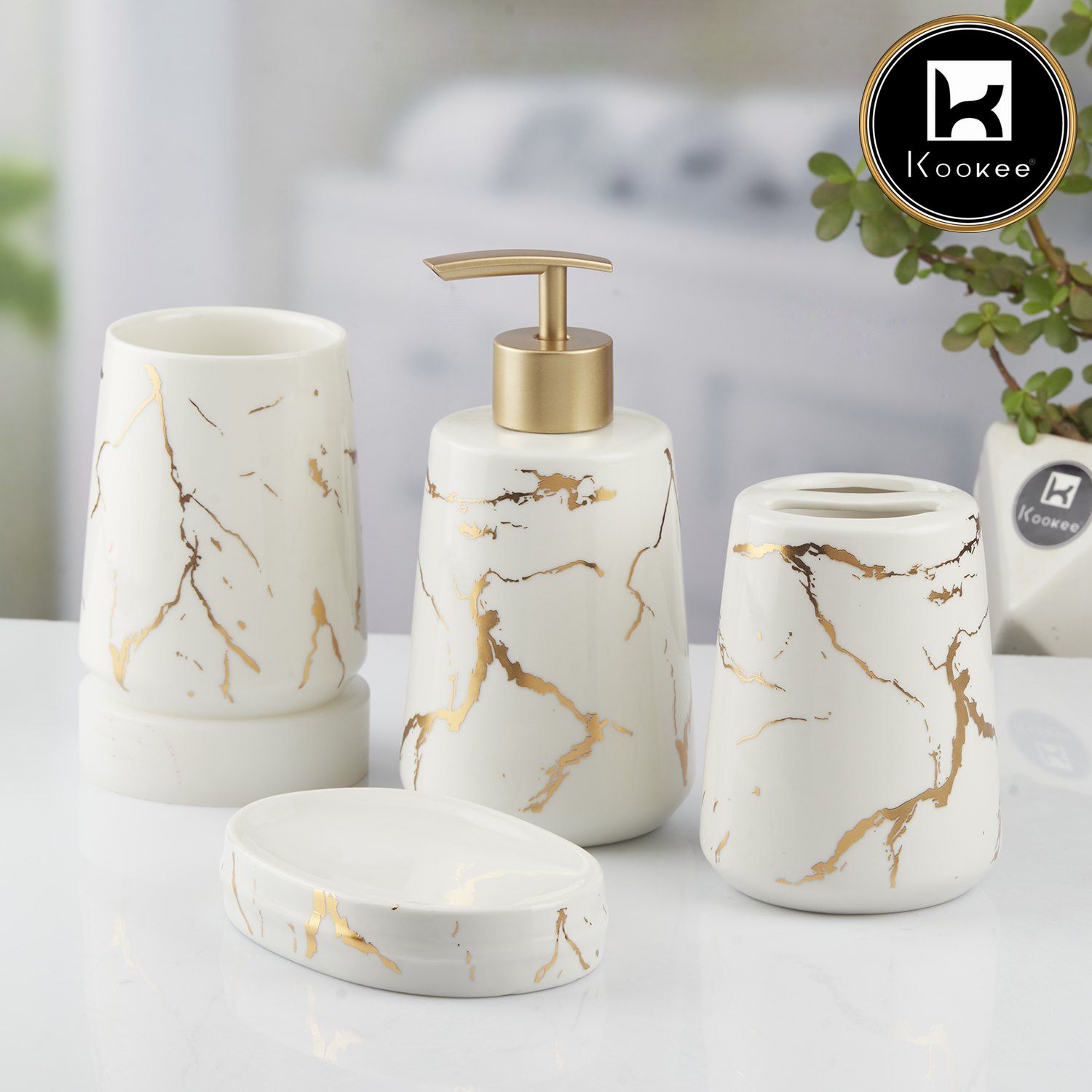 Ceramic Bathroom Set of 4 with Soap Dispenser (9746)