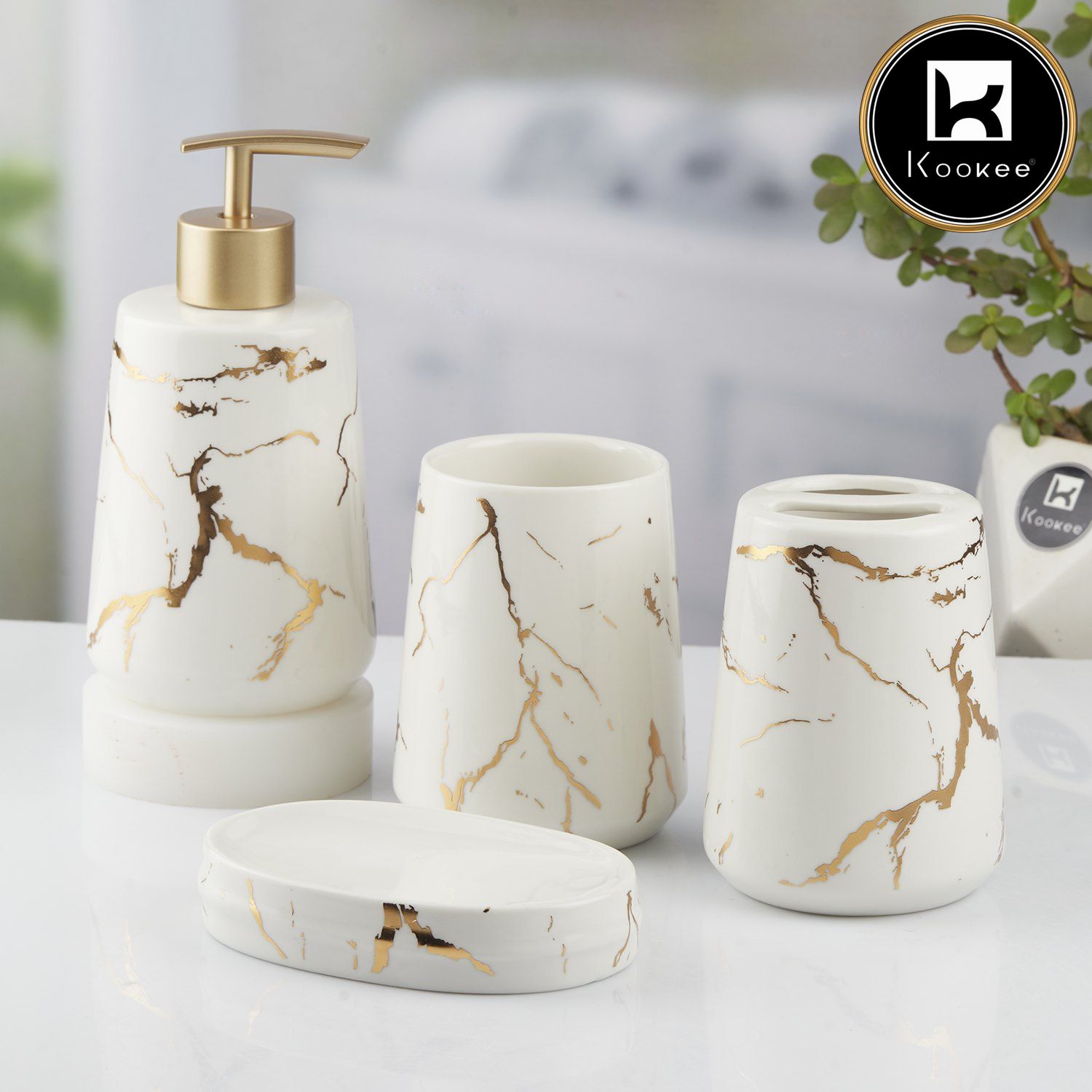 Ceramic Bathroom Set of 4 with Soap Dispenser (9746)