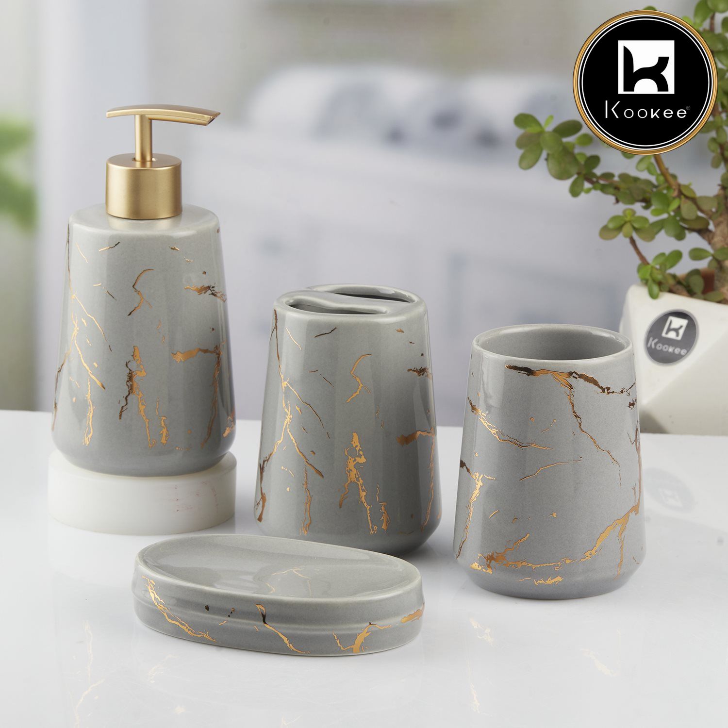 Kookee Ceramic Bathroom Accessories Set of 4, Modern Bath Set with Liquid handwash Soap Dispenser and Toothbrush holder, Luxury Gift Accessory for Home, Grey/Gold