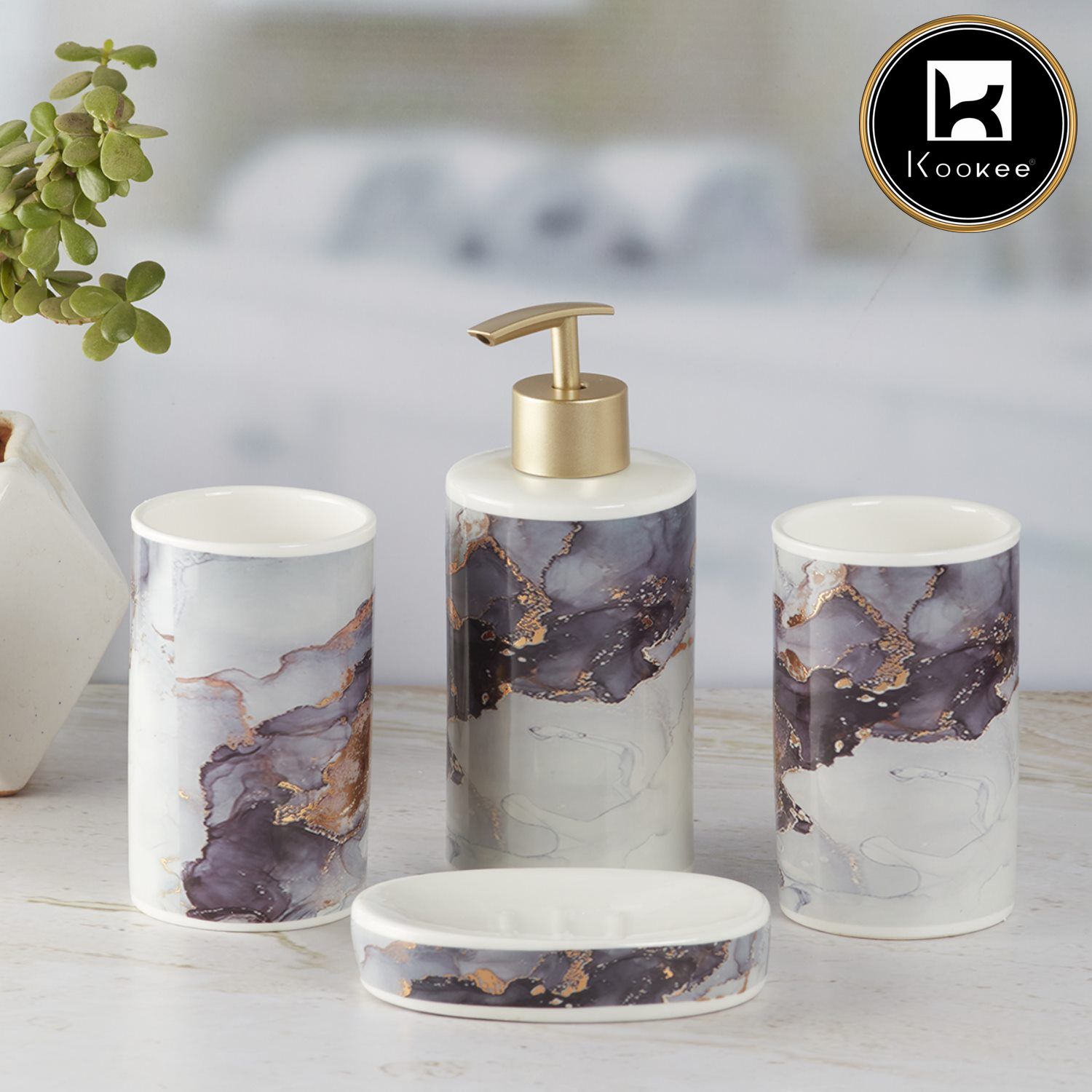 Ceramic Bathroom Accessories Set of 4 with Soap Dispenser (9749)