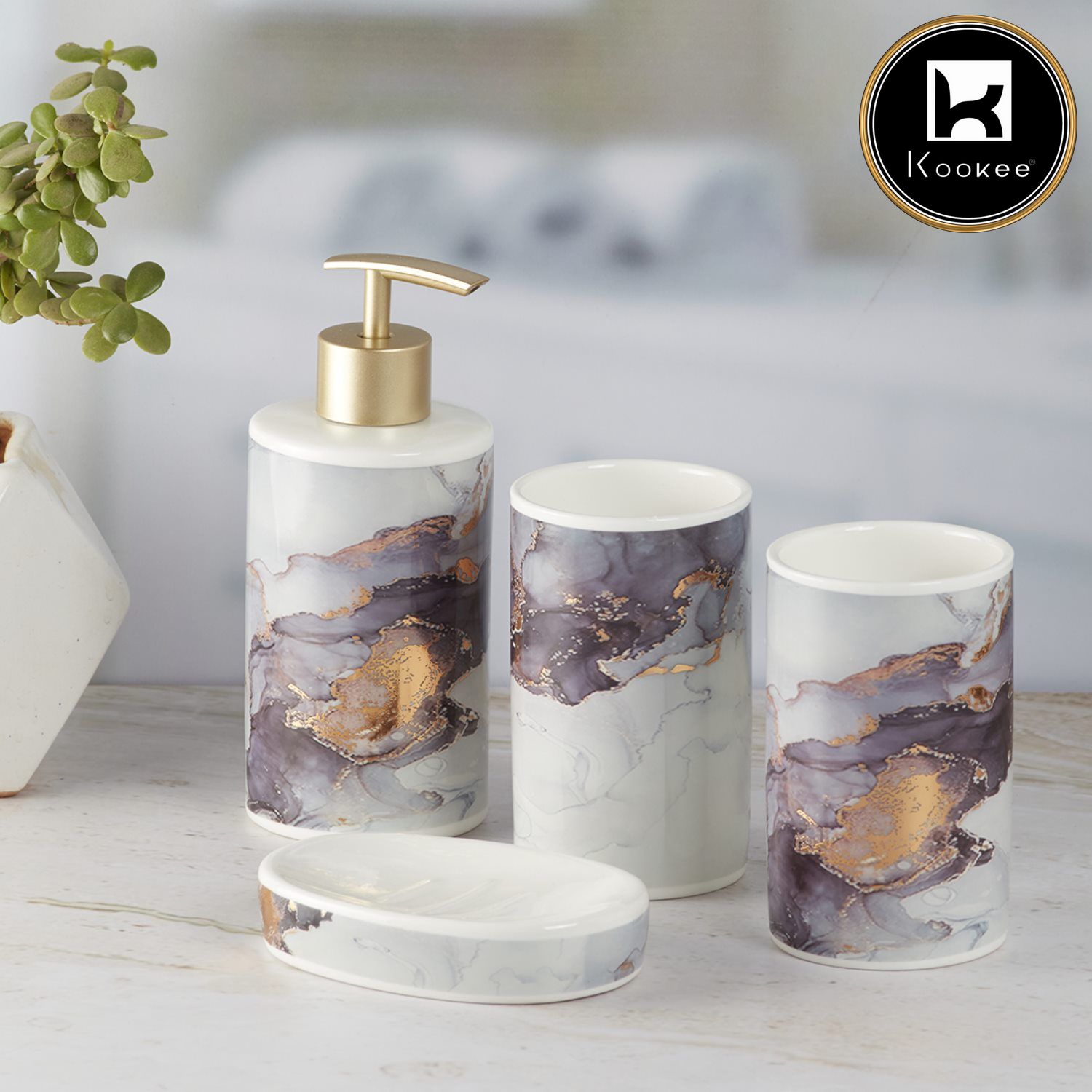 Ceramic Bathroom Accessories Set of 4 with Soap Dispenser (9749)