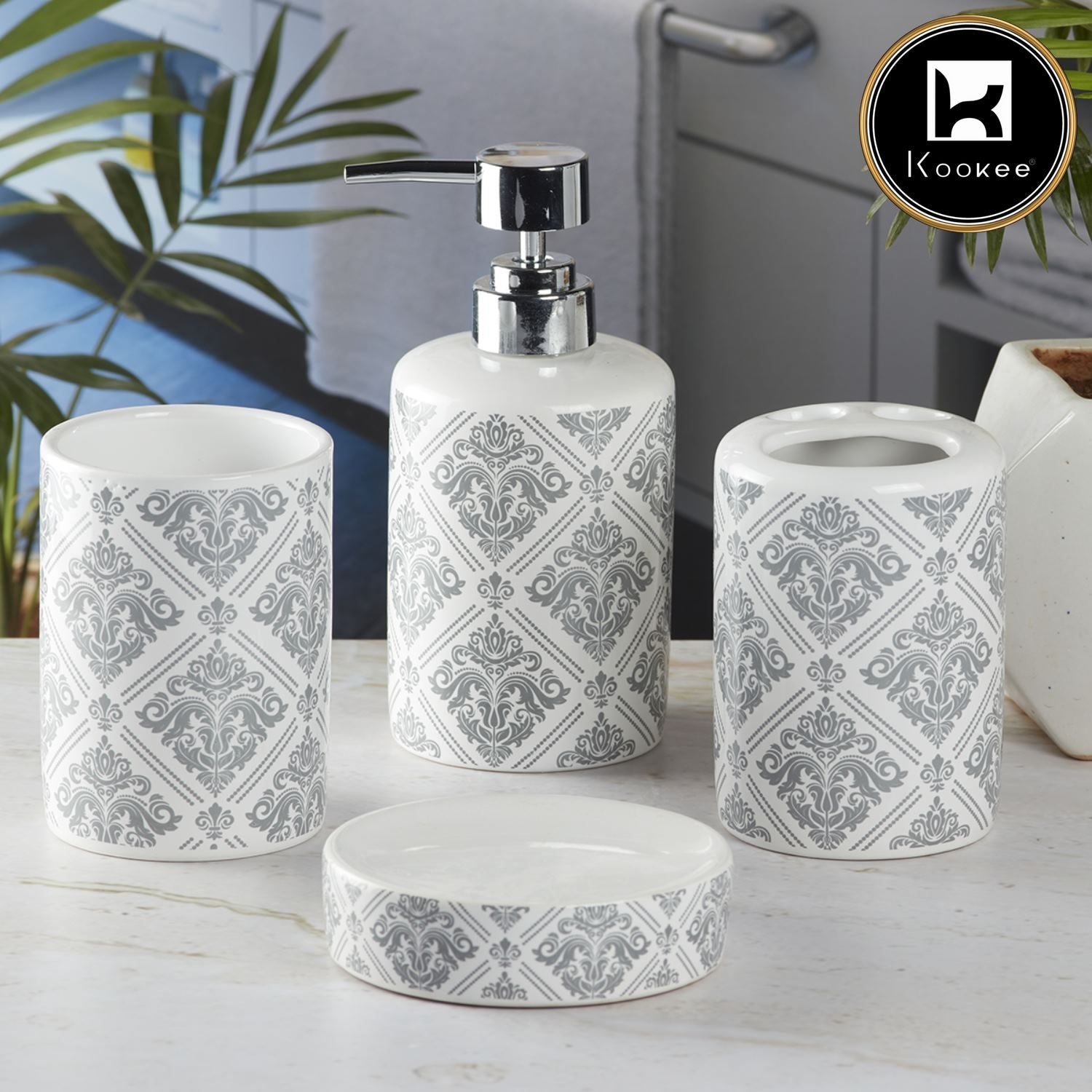 Ceramic Bathroom Set of 4 with Soap Dispenser (9752)