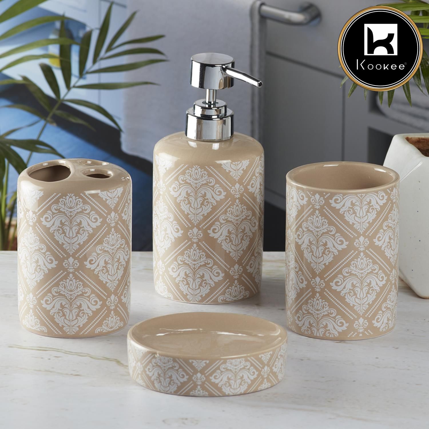 Ceramic Bathroom Set of 4 with Soap Dispenser (9753)