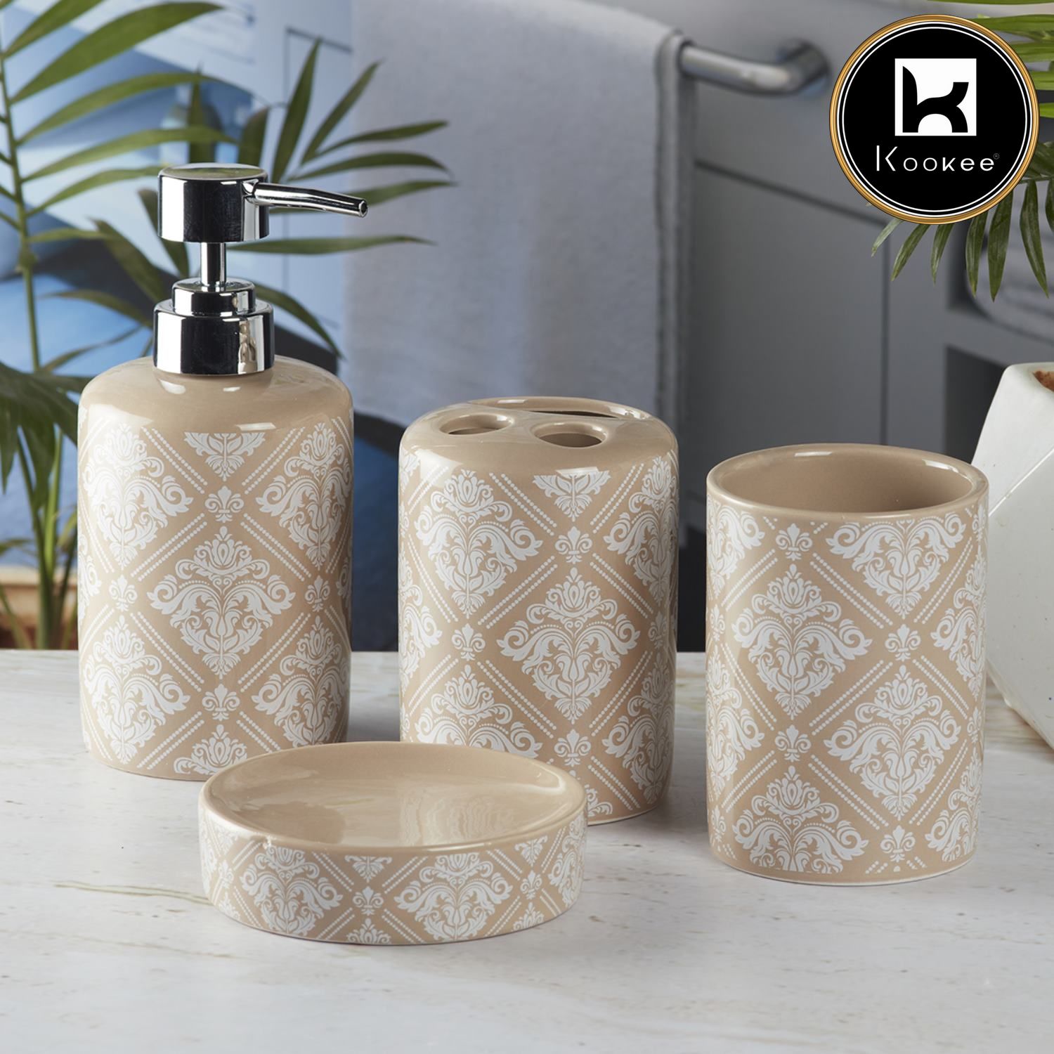 Ceramic Bathroom Set of 4 with Soap Dispenser (9753)