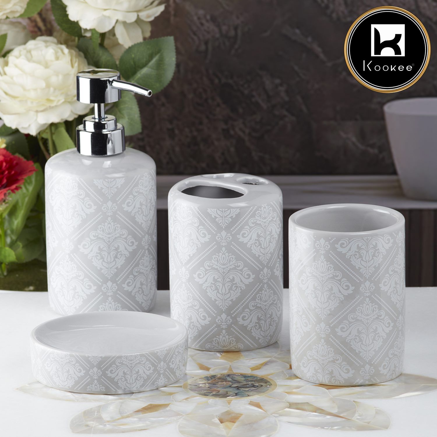 Ceramic Bathroom Set of 4 with Soap Dispenser (9754)