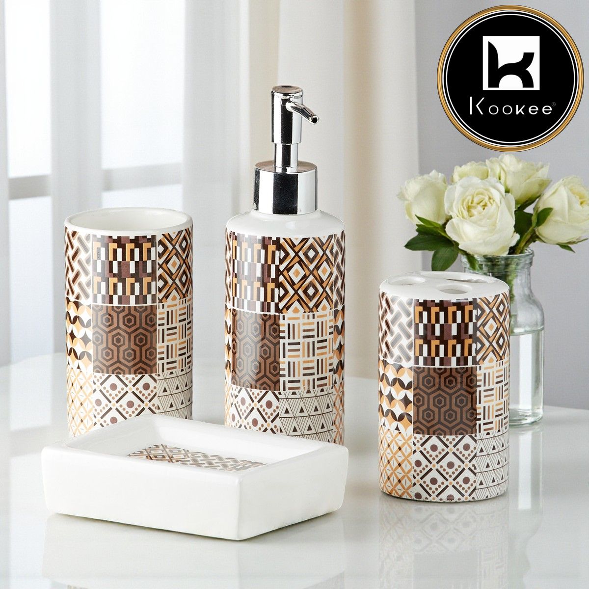 Ceramic Bathroom Set of 4 with Soap Dispenser (9755)