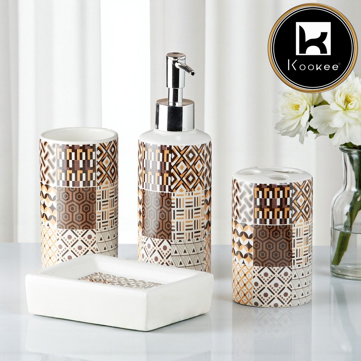 Ceramic Bathroom Set of 4 with Soap Dispenser (9755)