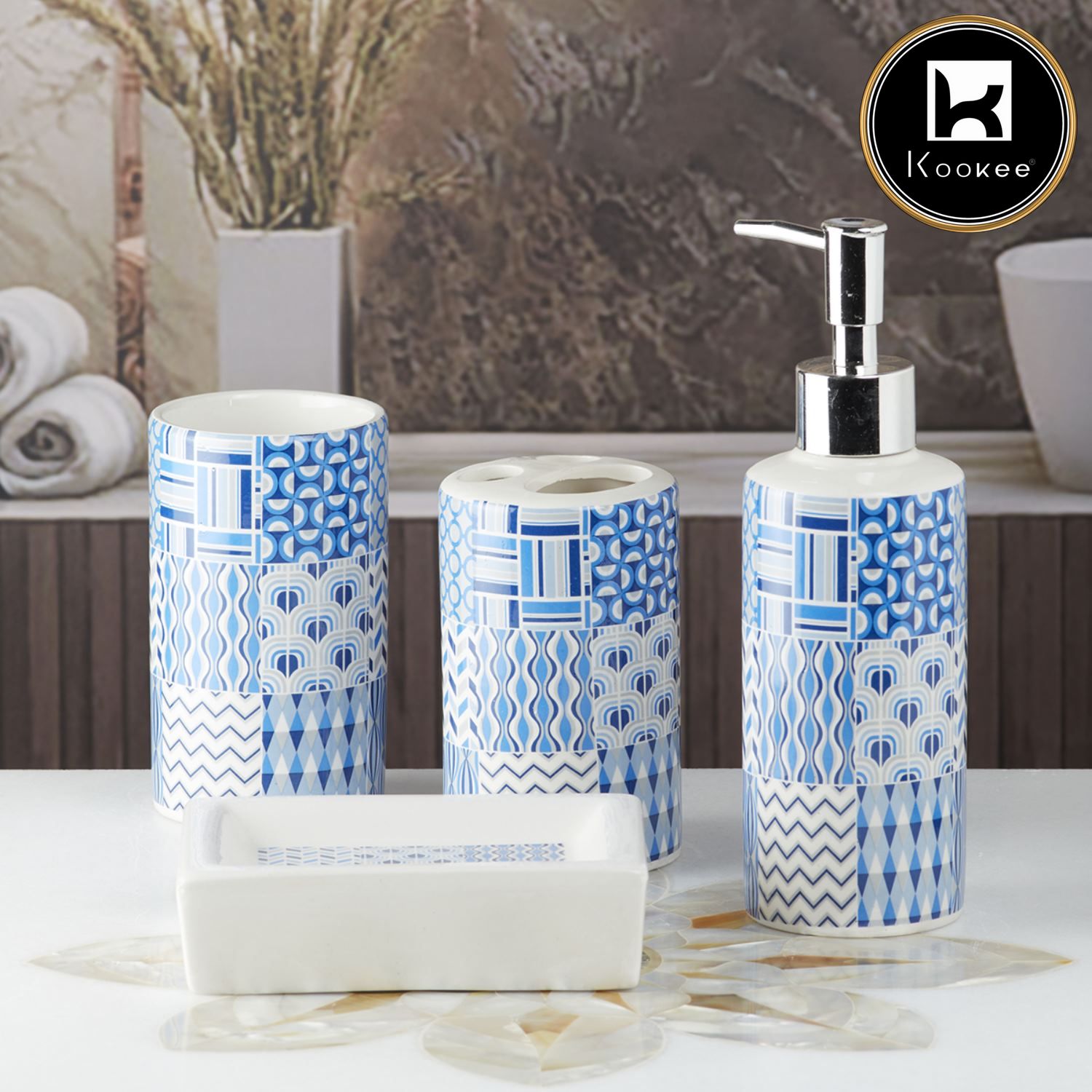 Ceramic Bathroom Set of 4 with Soap Dispenser (9756)