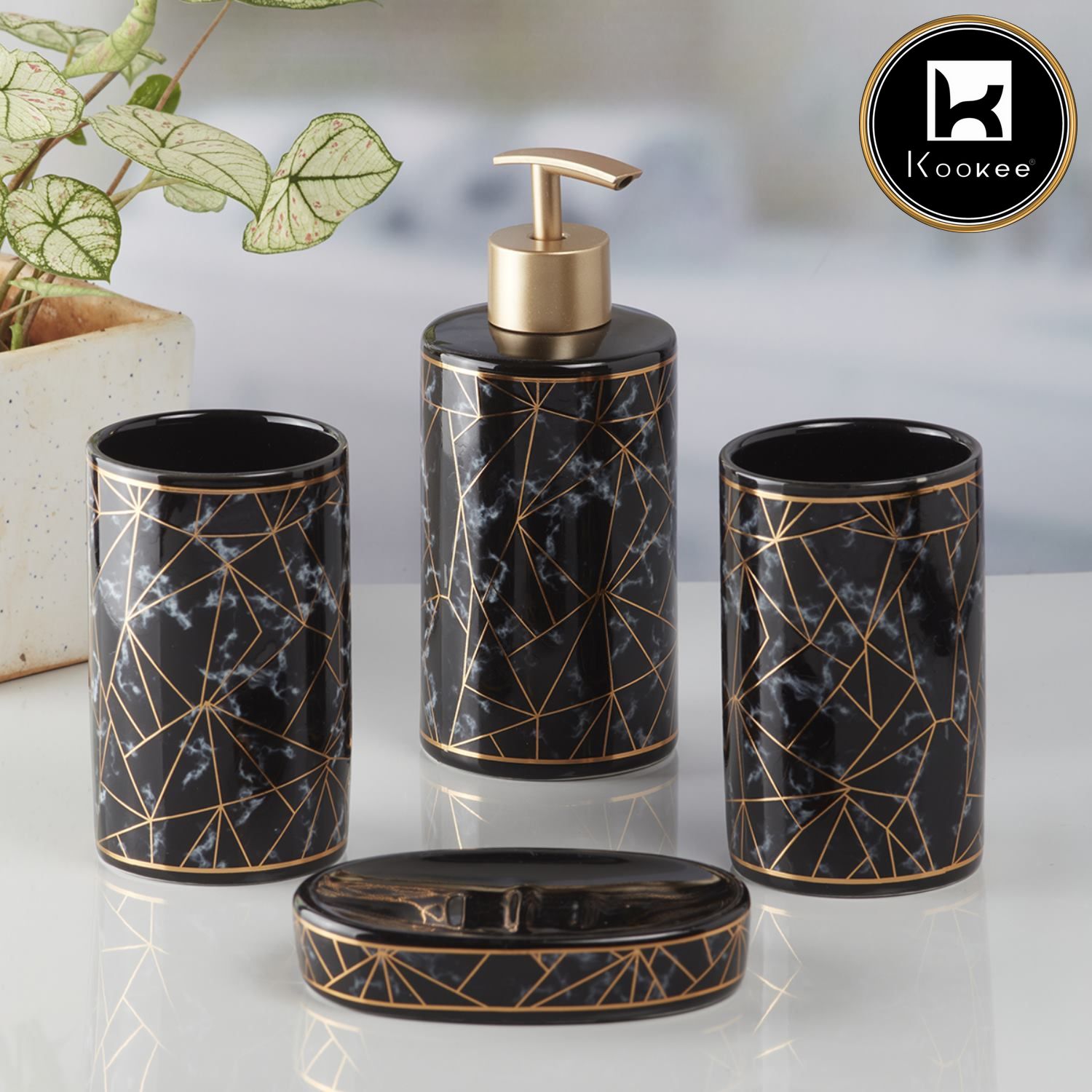 Ceramic Bathroom Set of 4 with Soap Dispenser (9757)