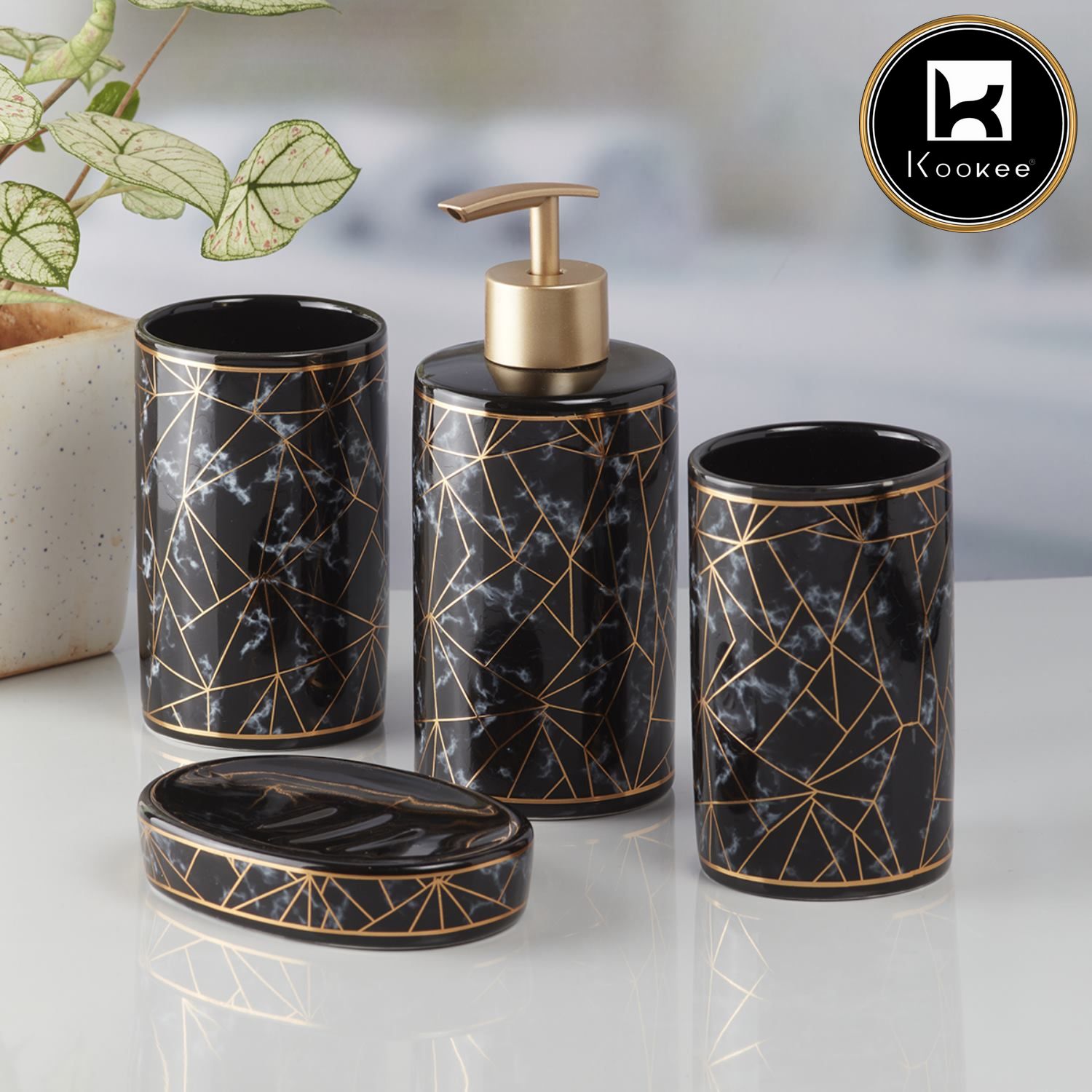 Kookee Ceramic Bathroom Accessories Set of 4, Modern Bath Set with Liquid handwash Soap Dispenser and Toothbrush holder, Luxury Gift Accessory for Home, Black/Gold