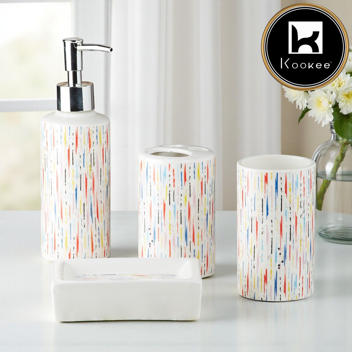 Ceramic Bathroom Set of 4 with Soap Dispenser (9758)