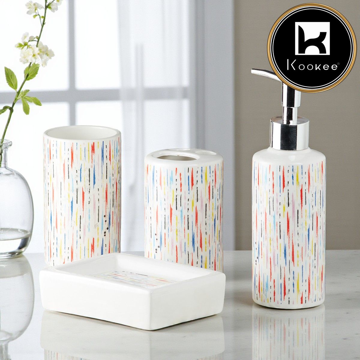 Ceramic Bathroom Set of 4 with Soap Dispenser (9758)