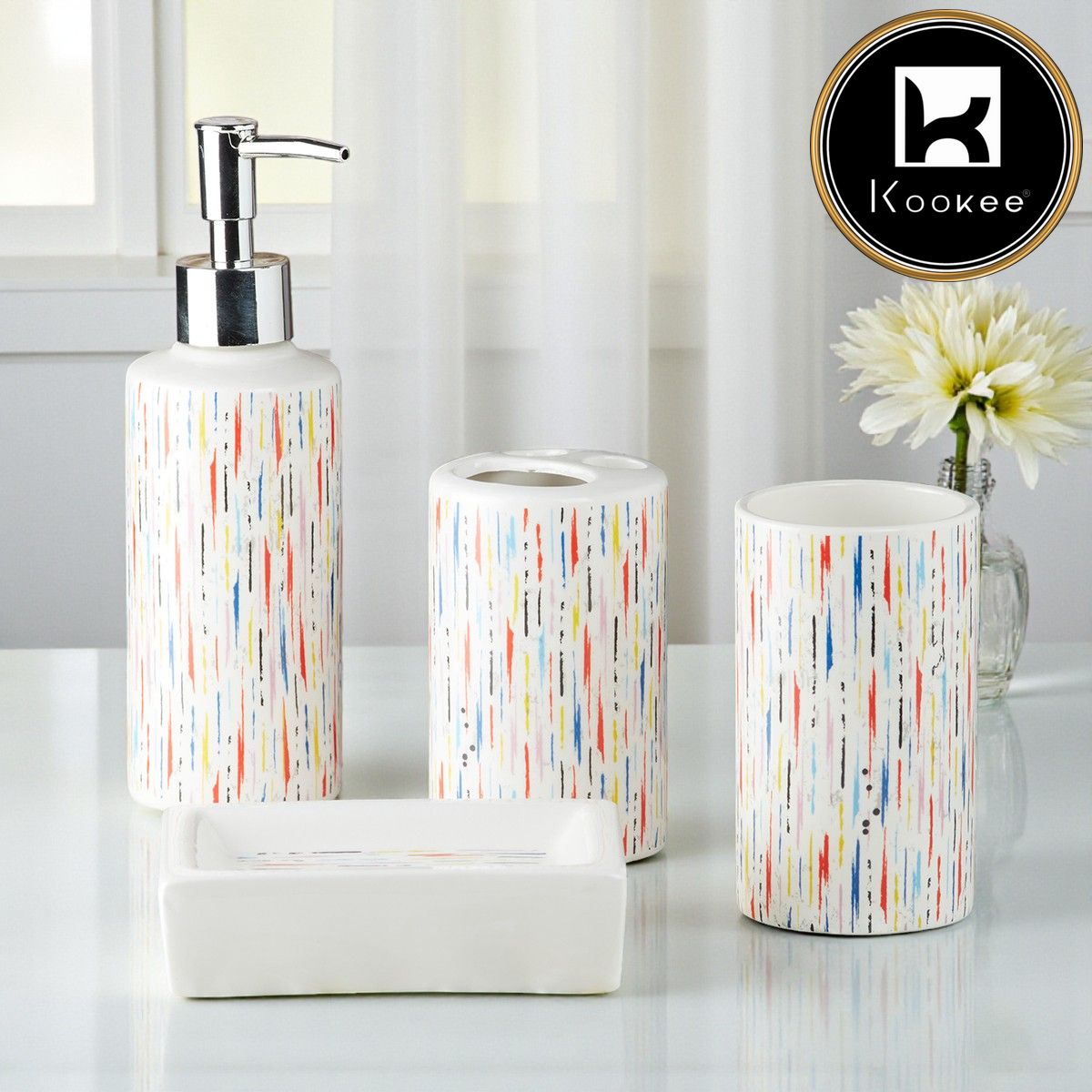 Ceramic Bathroom Set of 4 with Soap Dispenser (9758)