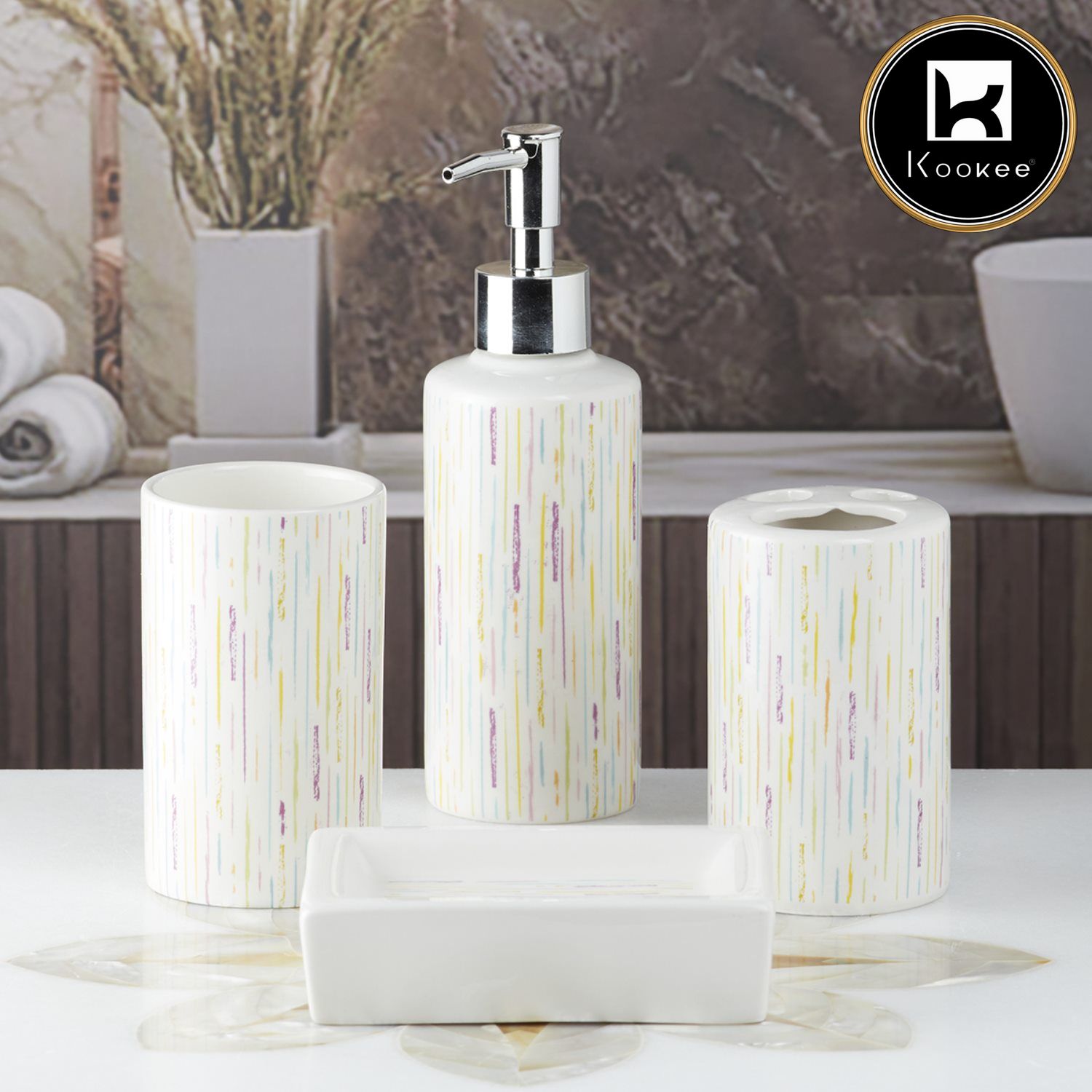 Kookee Ceramic Bathroom Accessories Set of 4, Modern Bath Set with Liquid handwash Soap Dispenser and Toothbrush holder, Luxury Gift Accessory for Home, Multicolor