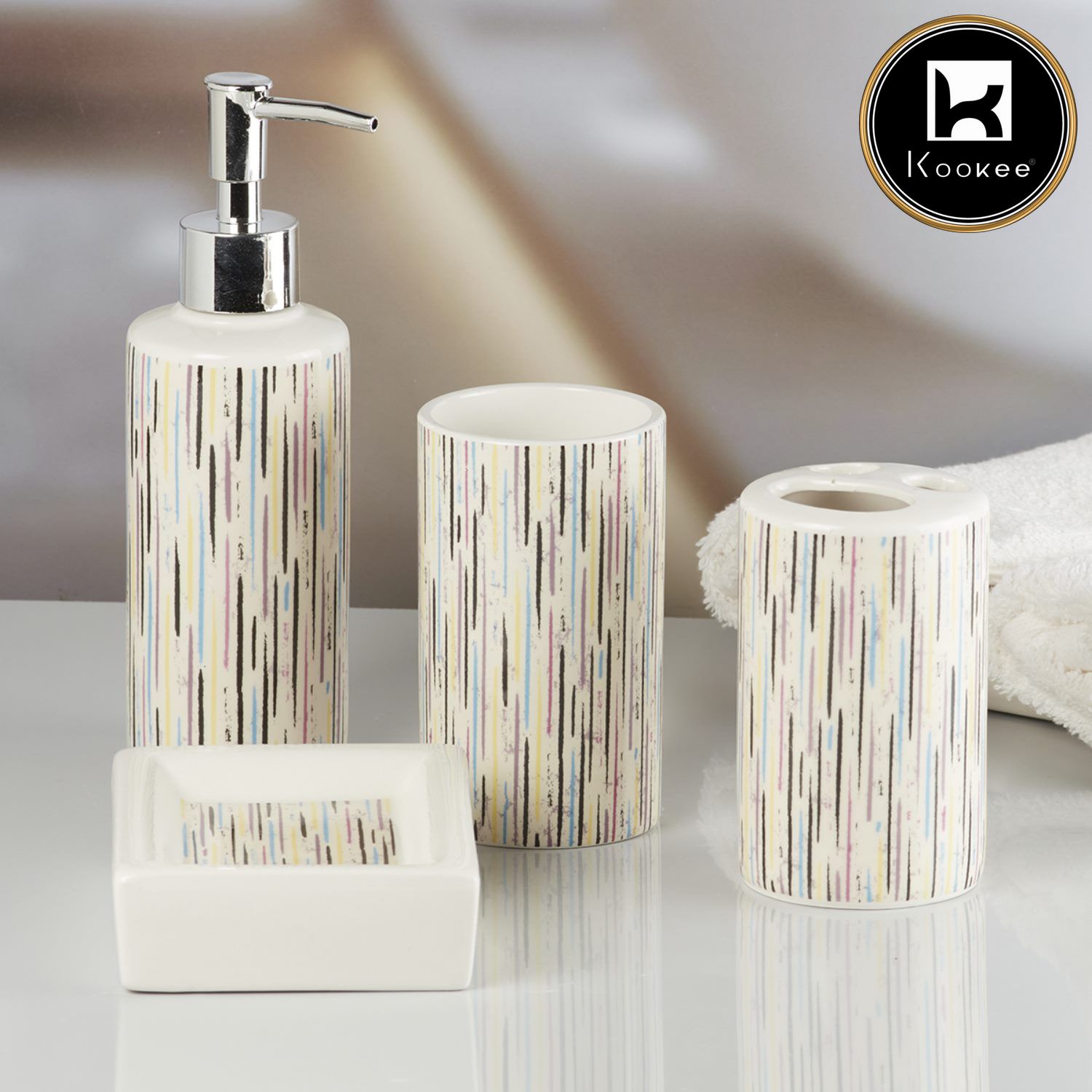 Kookee Ceramic Bathroom Accessories Set of 4, Modern Bath Set with Liquid handwash Soap Dispenser and Toothbrush holder, Luxury Gift Accessory for Home, Multicolor