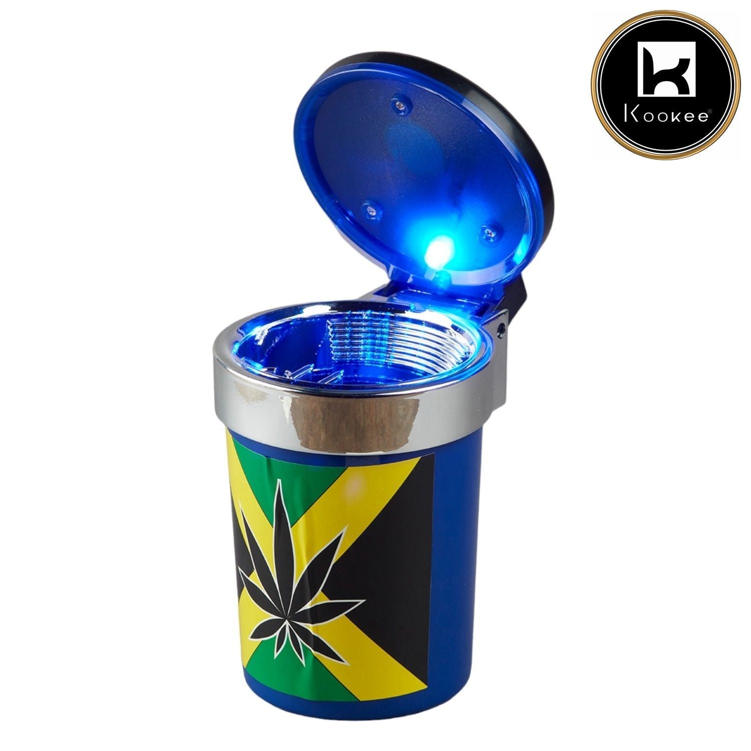 Kookee Plastic Car Ashtray Bucket Container for Cigarette Butt with Lid and LED Light, Self Estinguishing for Outdoor Indoor Modern Home Decor Tabletop Office Ash Tray for Smokers