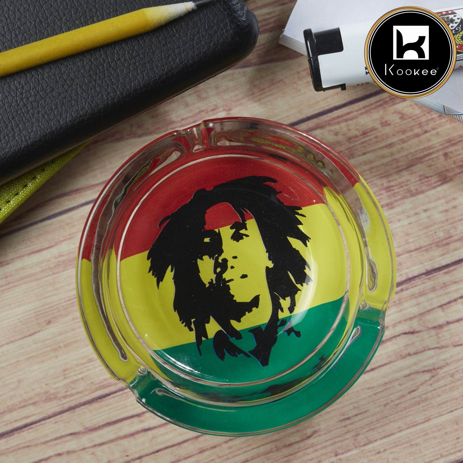 Kookee Glass Ashtray for Smokers, Printed, Round (9834)