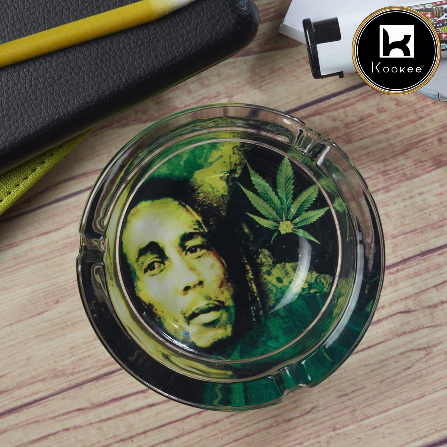 Kookee Glass Ashtray for Smokers, Printed, Round (9835)