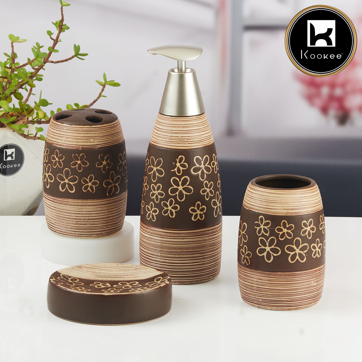 Kookee Ceramic Bathroom Sets, Brown, ART09842