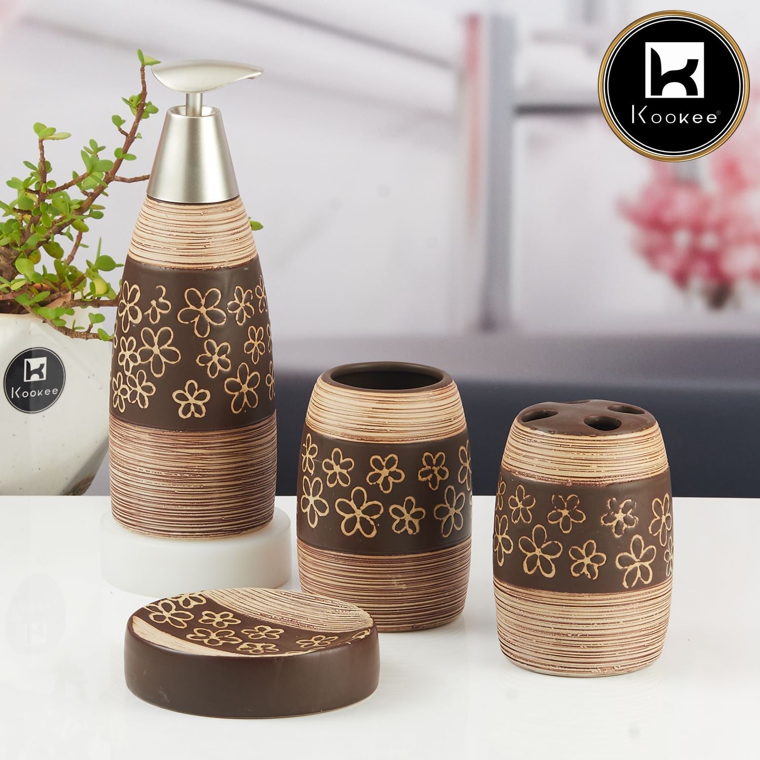 Ceramic Bathroom Accessories Set of 4 with Soap Dispenser (9842)