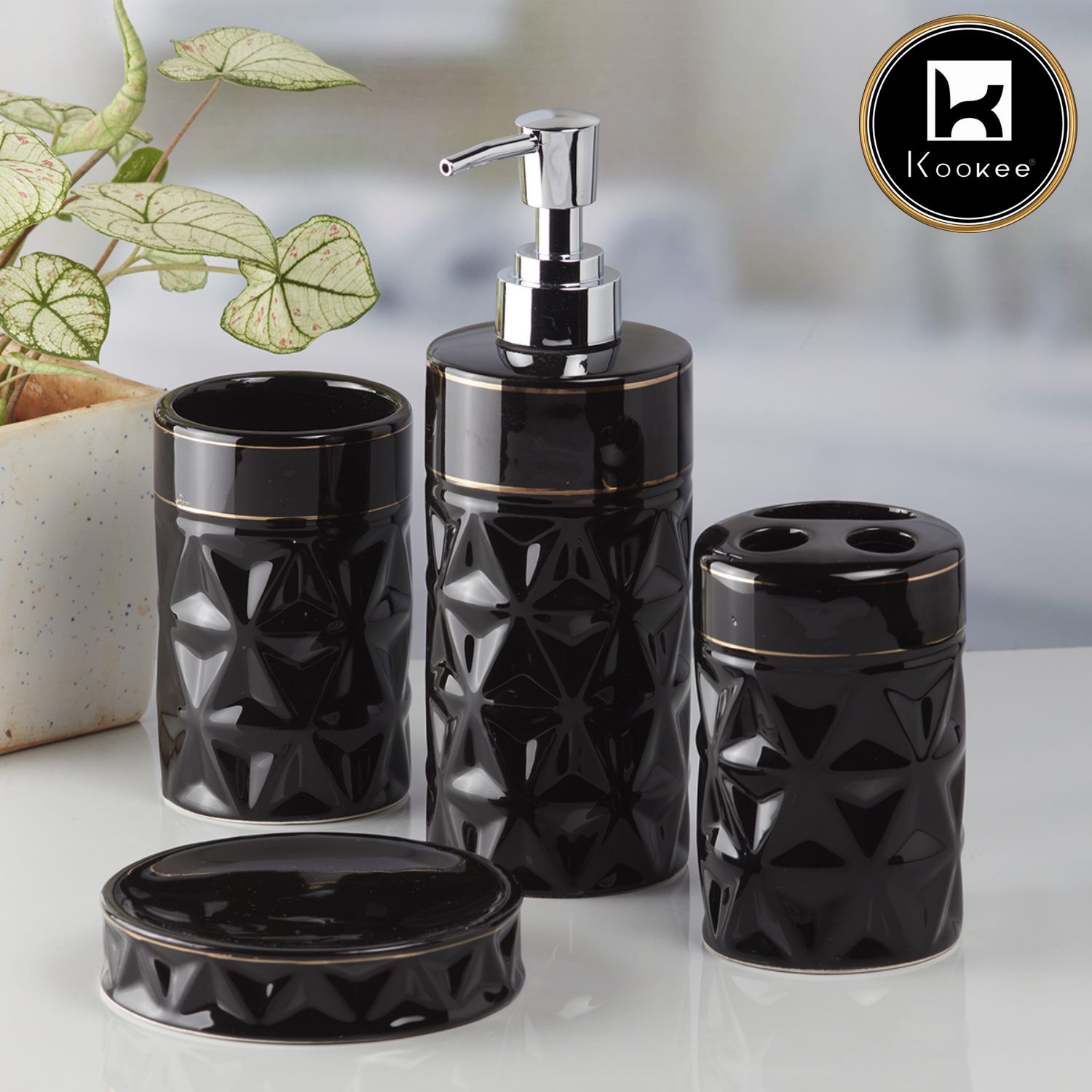 Ceramic Bathroom Accessories Set of 4 with Soap Dispenser (9848)