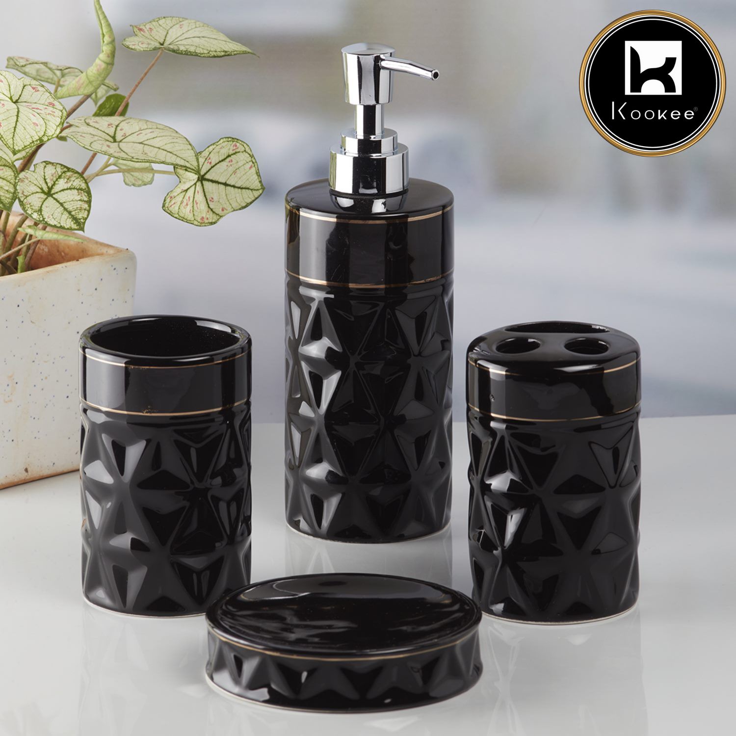 Ceramic Bathroom Accessories Set of 4 with Soap Dispenser (9848)